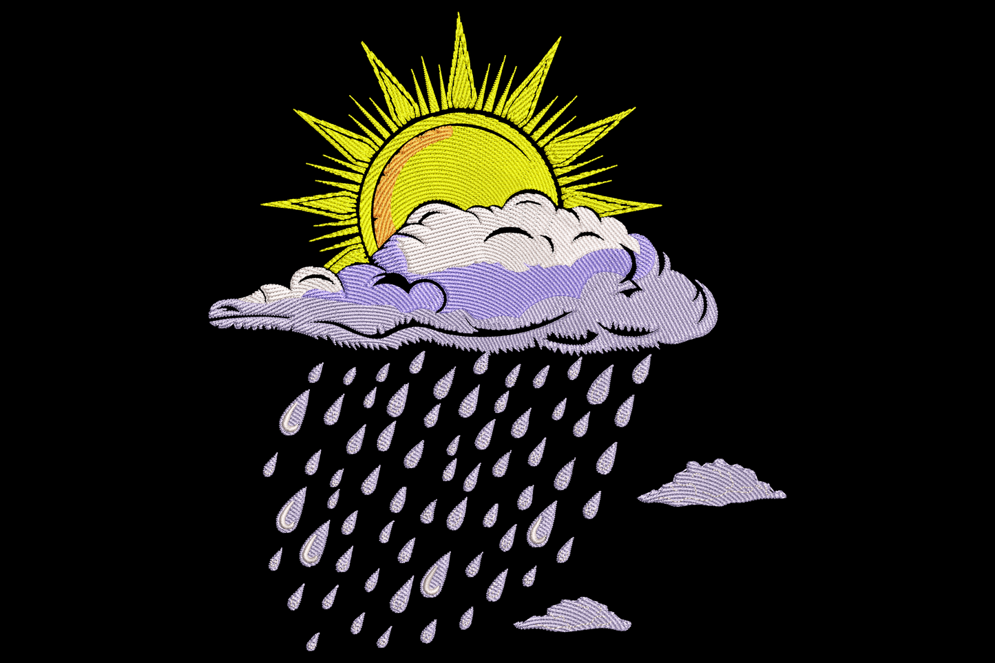 Sun and rain cloud weather scene embroidery design, yellow sun behind a lavender cloud with rain drops falling down.