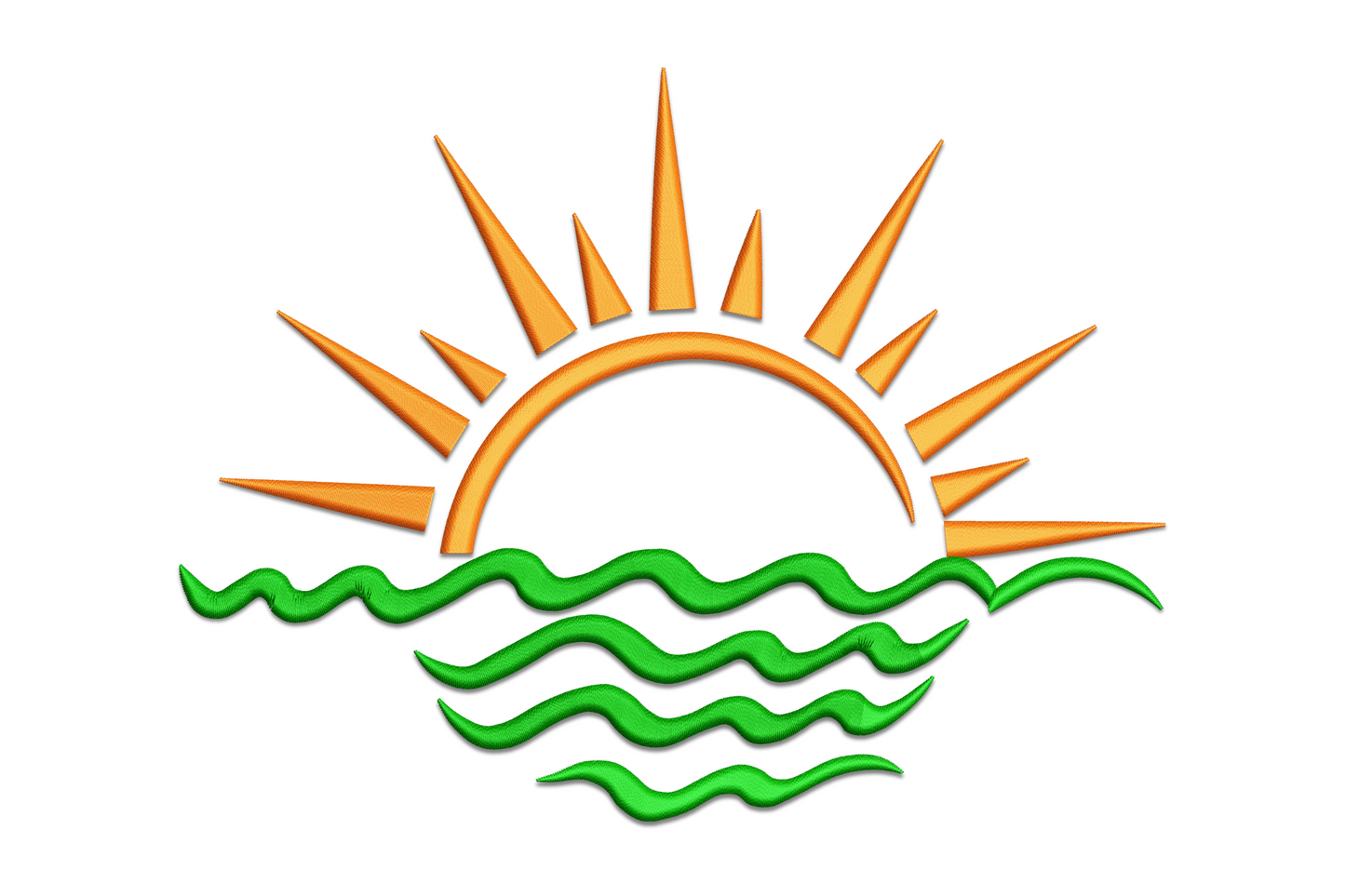 Embroidery design of a rising orange sun with long pointed rays over three green wavy lines representing ocean waves