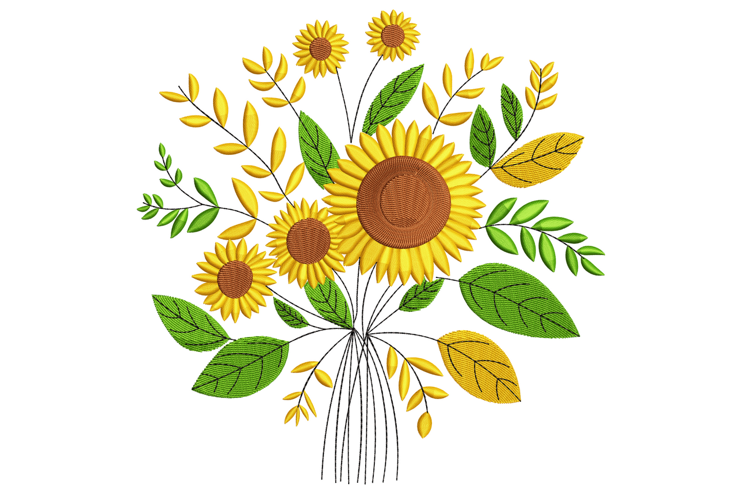 Sunflower bouquet embroidery, gathered bunch of golden sunflowers with forest green leaves and wheat sprays on white background.