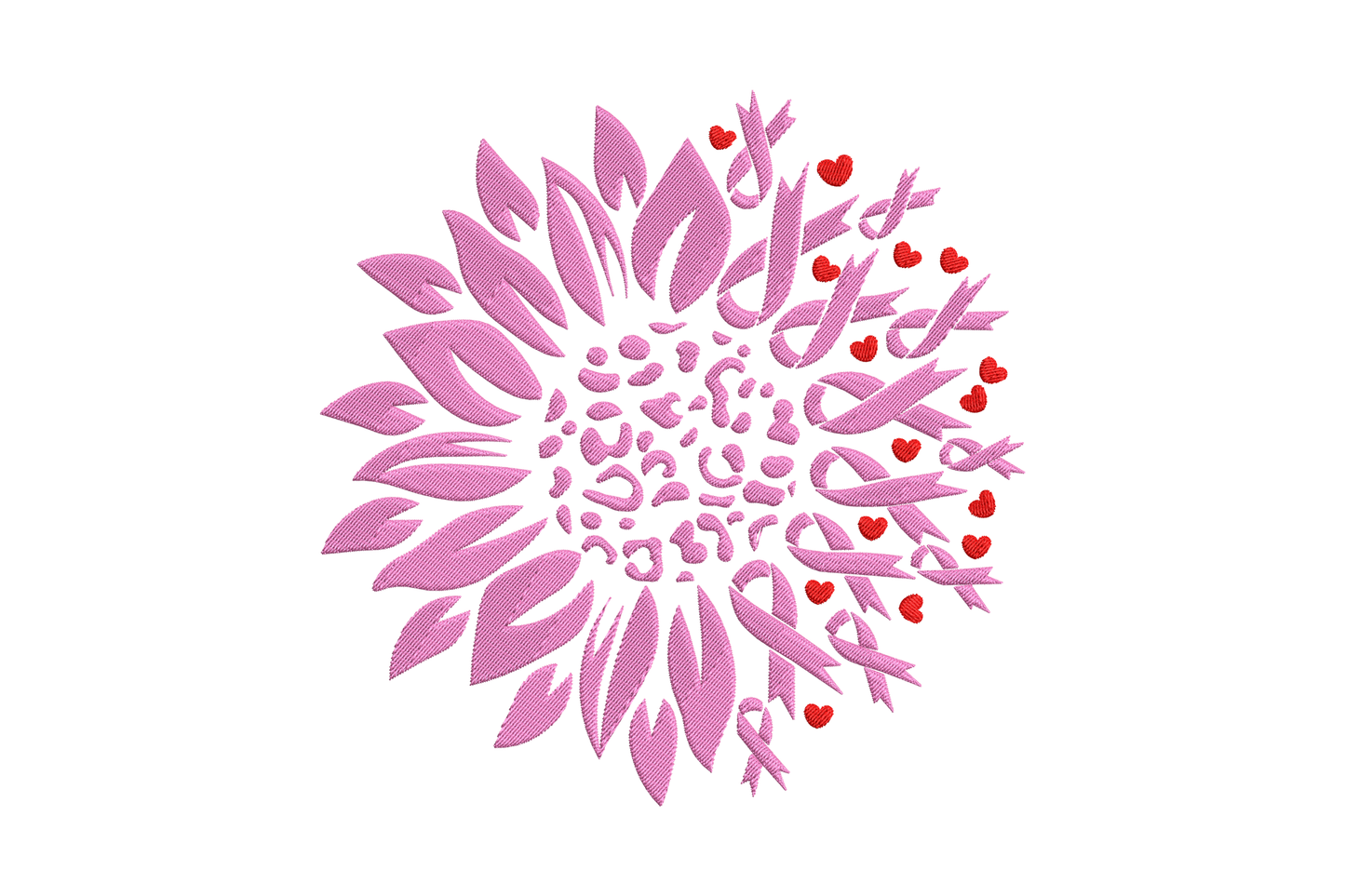 Machine embroidery design of a sunflower where petals are formed from pink awareness ribbons, with a dotted centre and small red heart accents.