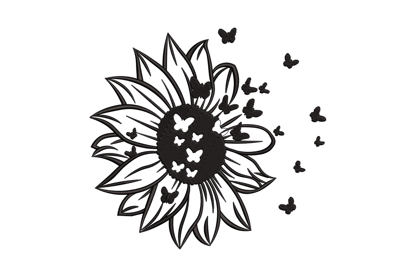 Sunflower butterfly burst embroidery design single colour, sunflower centre with butterflies radiating outward in satin fills