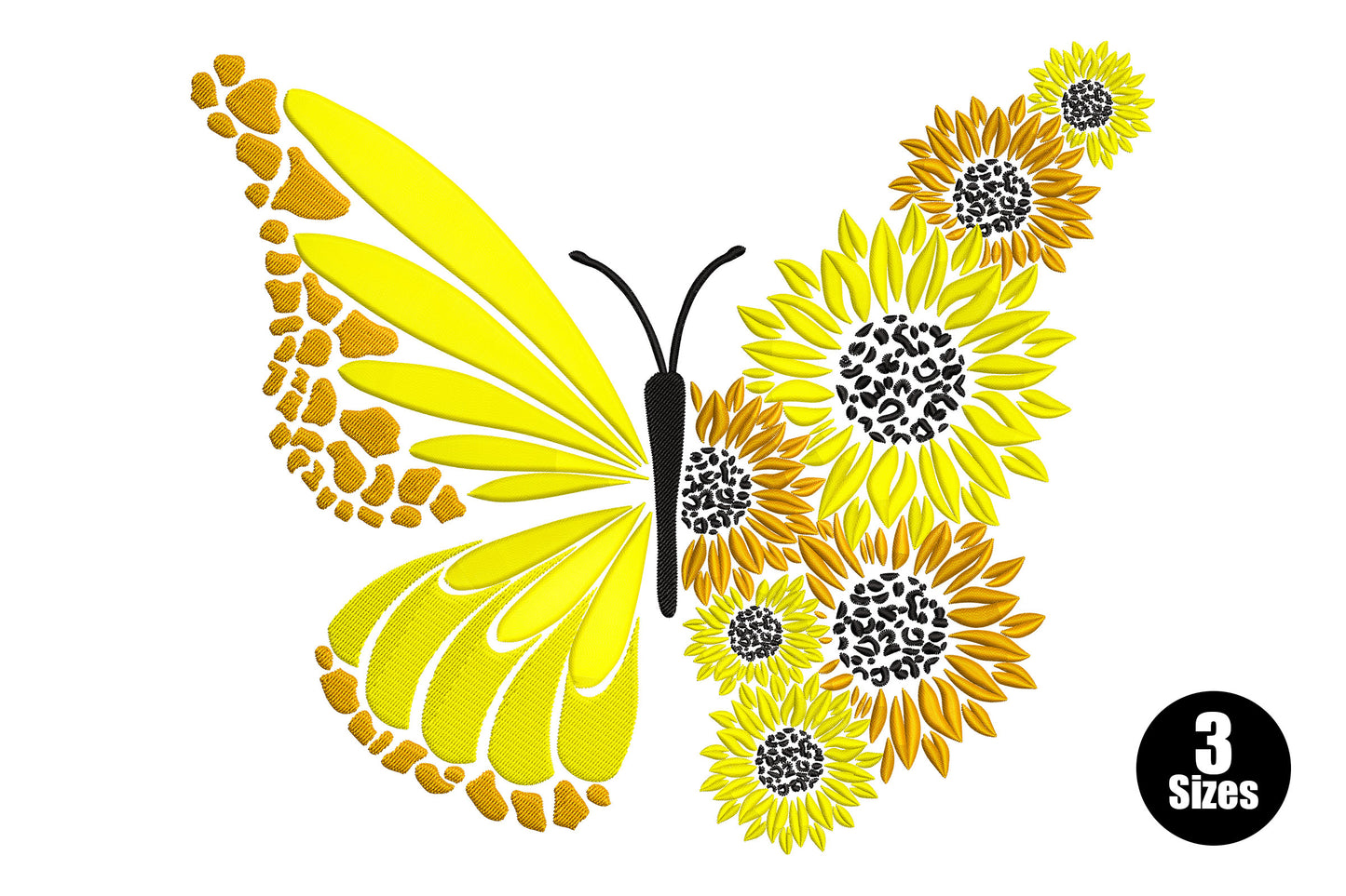 Sunflower butterfly embroidery design, butterfly resting on bloom in 3 thread colours, large botanical garden pattern