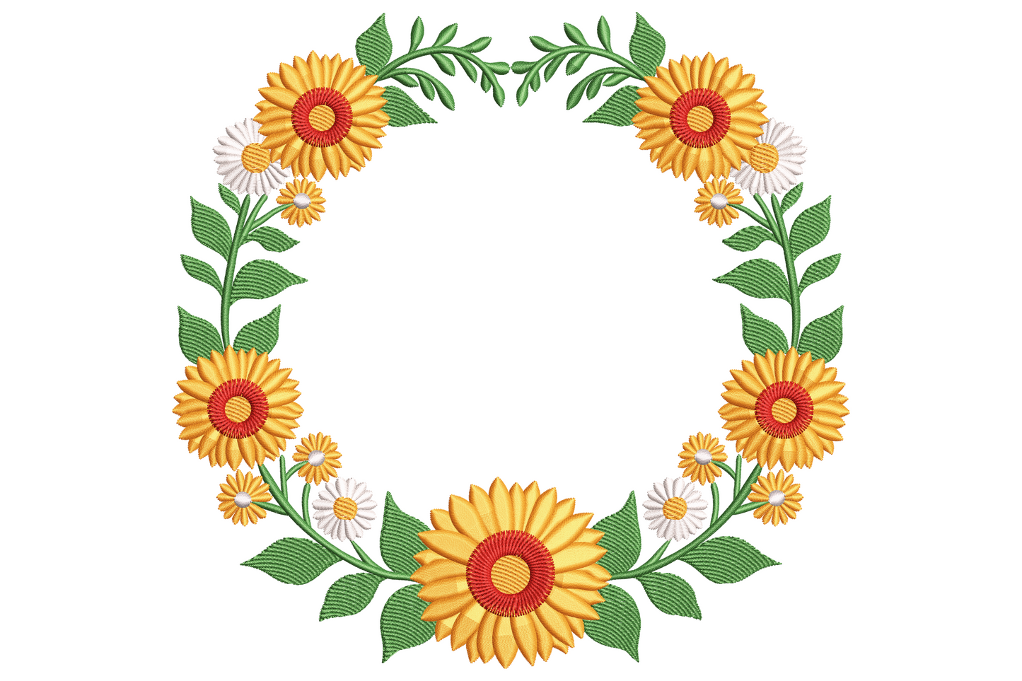 Mustard sunflower and white daisy embroidered wreath frame with green leaves around an empty centre for monogram