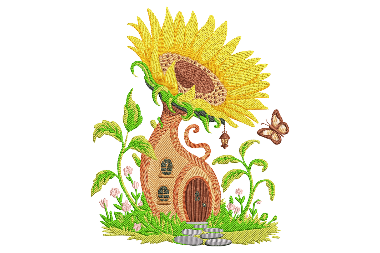 Sunflower fairy house embroidery with a cottage door in a golden sunflower stalk, hanging lantern, oval window and butterfly on white background.