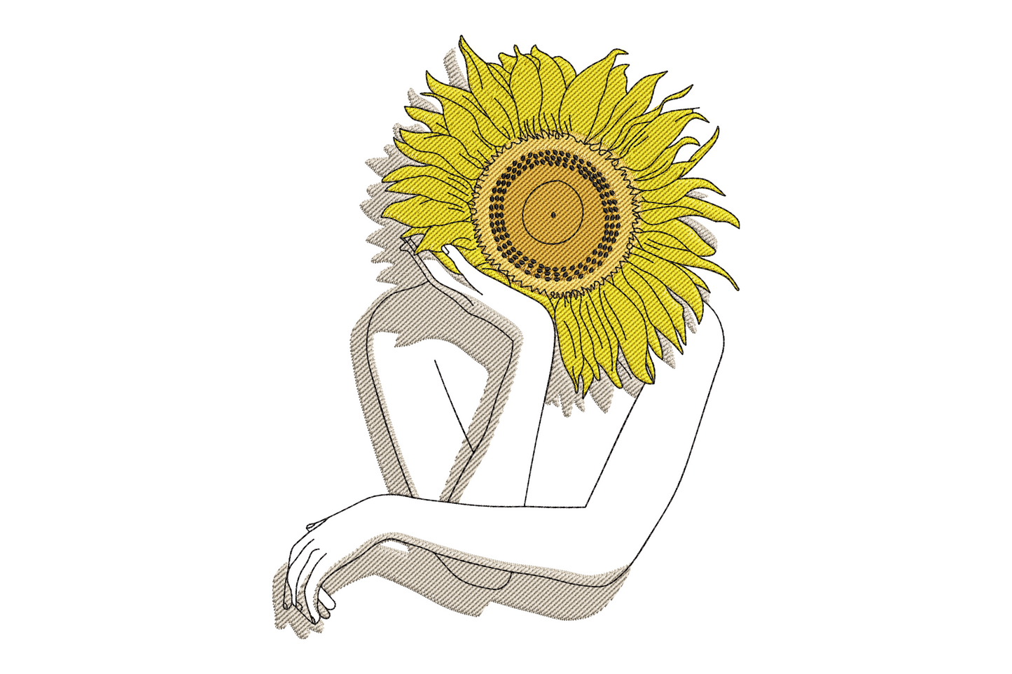 Sunflower girl embroidery, sketch body with fully stitched golden yellow sunflower head in amber and brown
