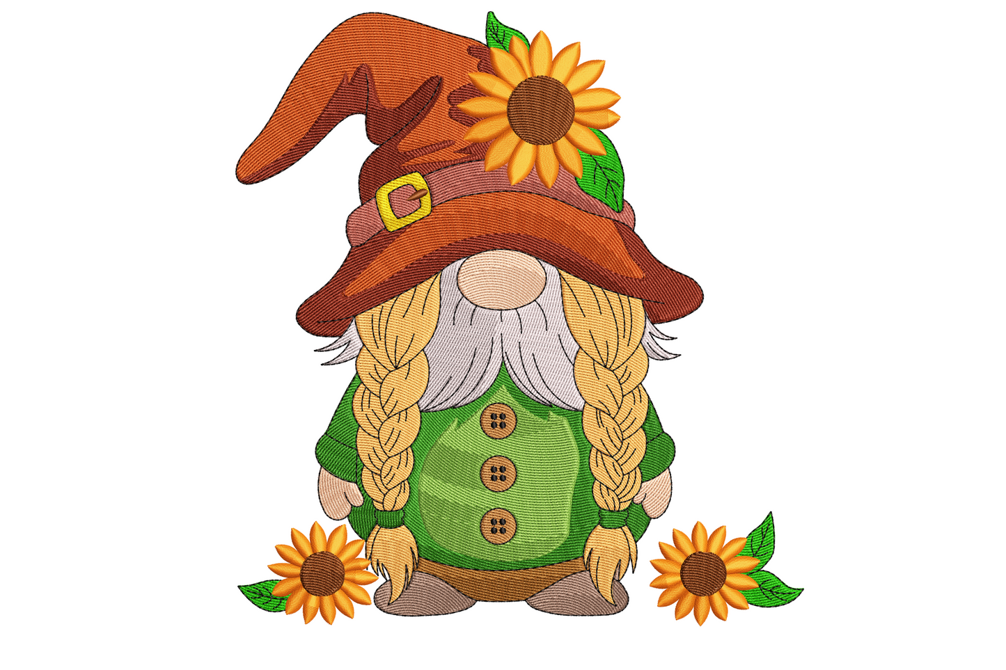 Sunflower gnome embroidery with chubby figure, cream beard, burgundy hat and large golden sunflower with sage green leaves.