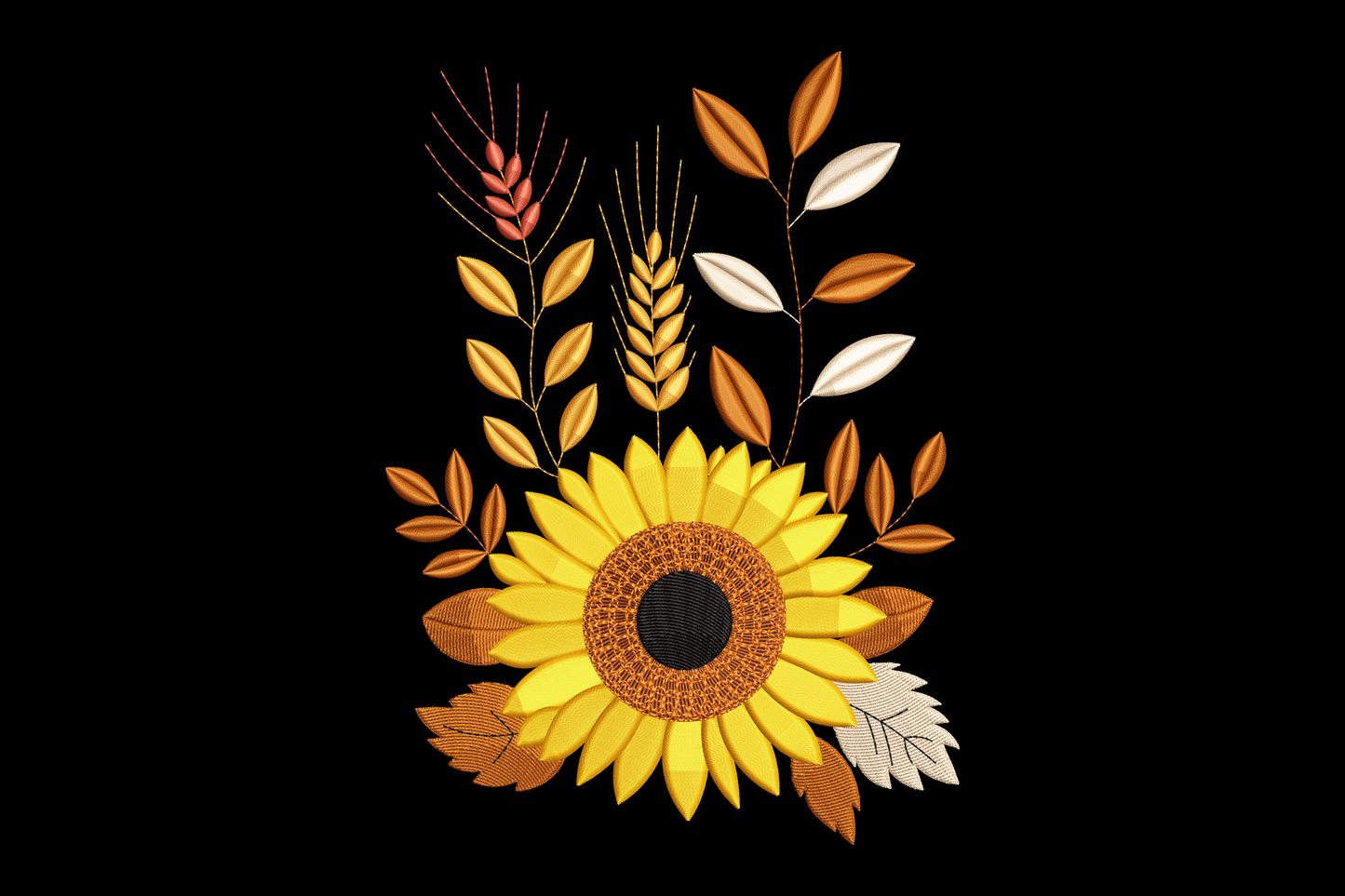 Decorative sunflower design with leaves on a black background
