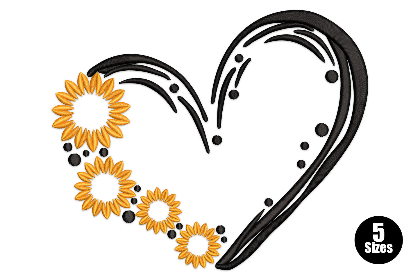 Sunflower heart line art embroidery design, black petal outlines forming a heart shape with a solid orange seed disc centre.