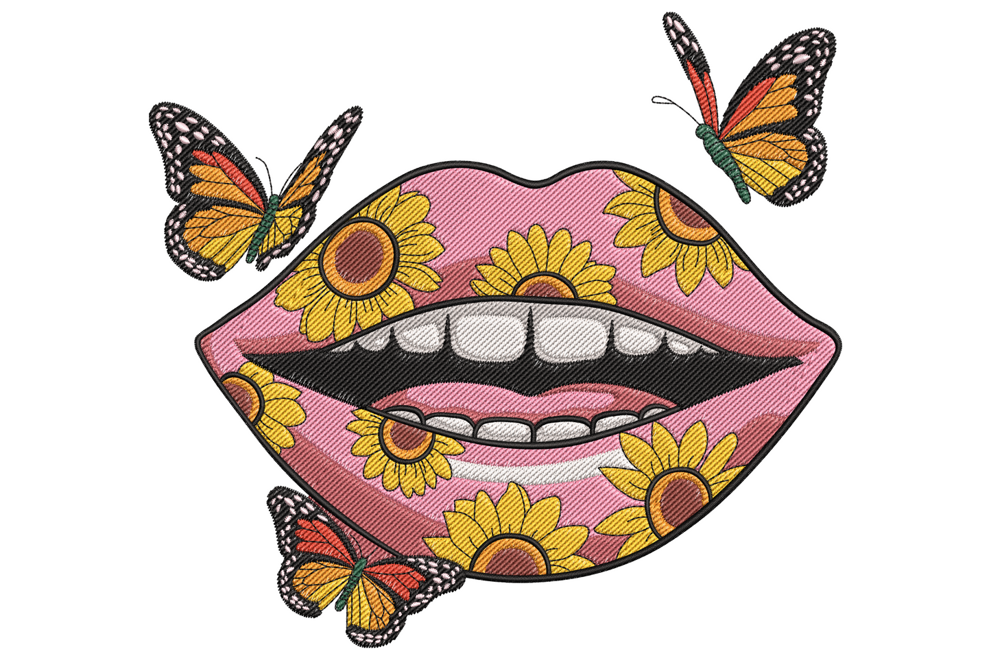 Sunflower lips embroidery design with coral red satin lips, golden sunflower petals replacing the top lip edge and black gold butterflies.