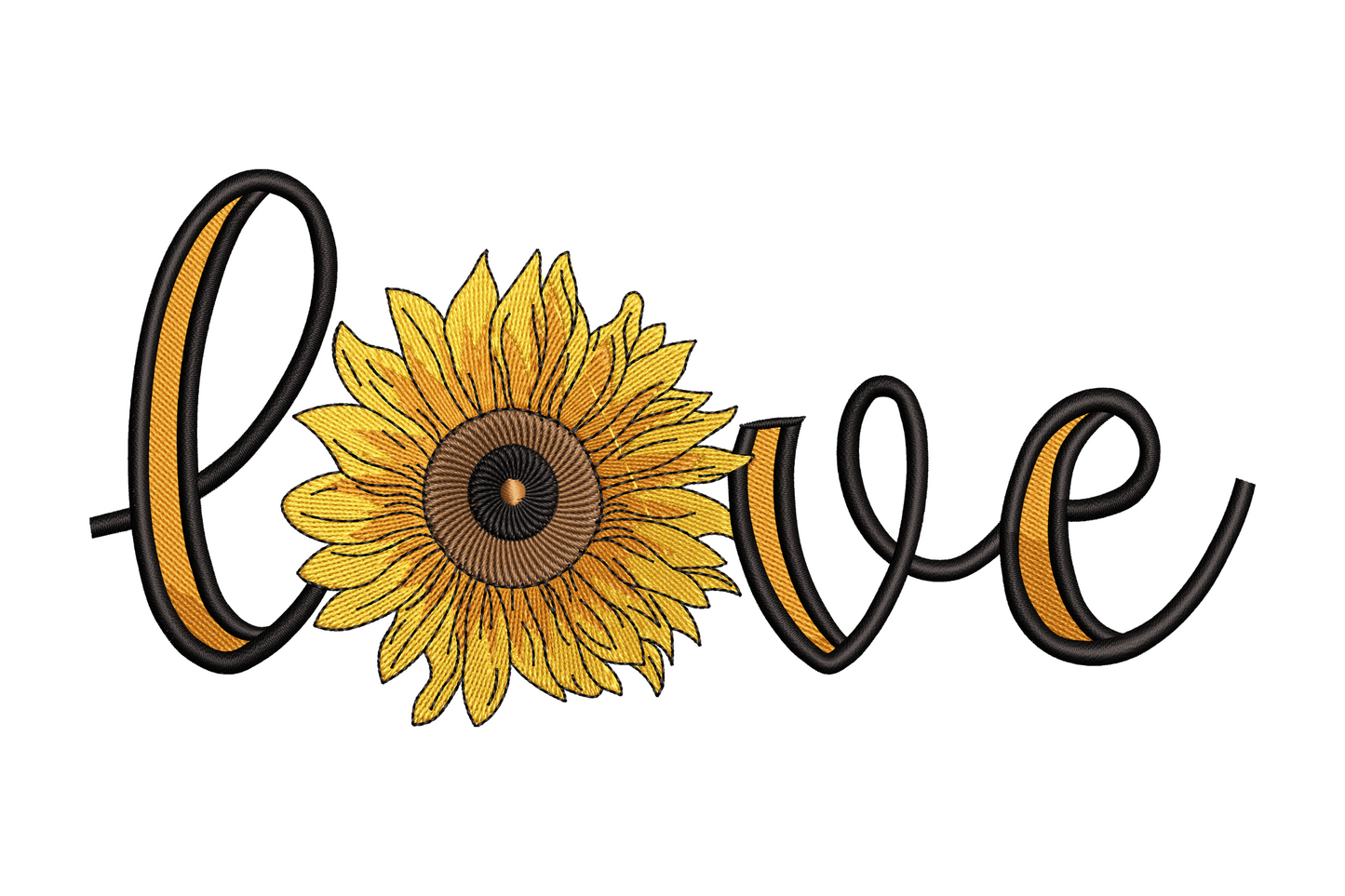 Sunflower love word art embroidery, cursive script where the O is a layered sunflower with gold petals, black letters with gold offset.