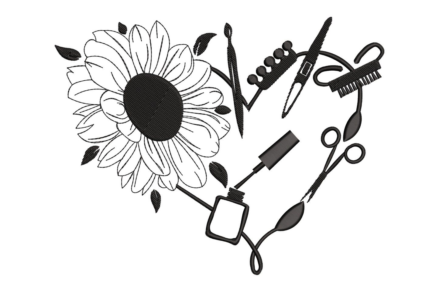 Sunflower and hairdressing tools arranged in a heart shape, black line art embroidery design
