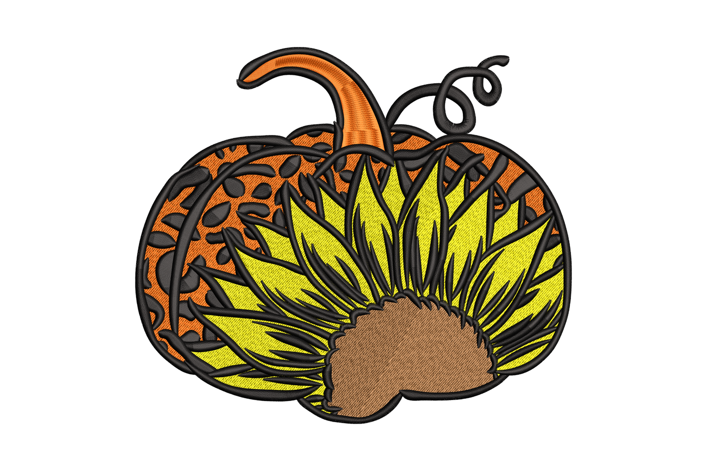 Sunflower pumpkin embroidery design, leopard-print orange top with yellow sunflower petals and brown seedy centre.