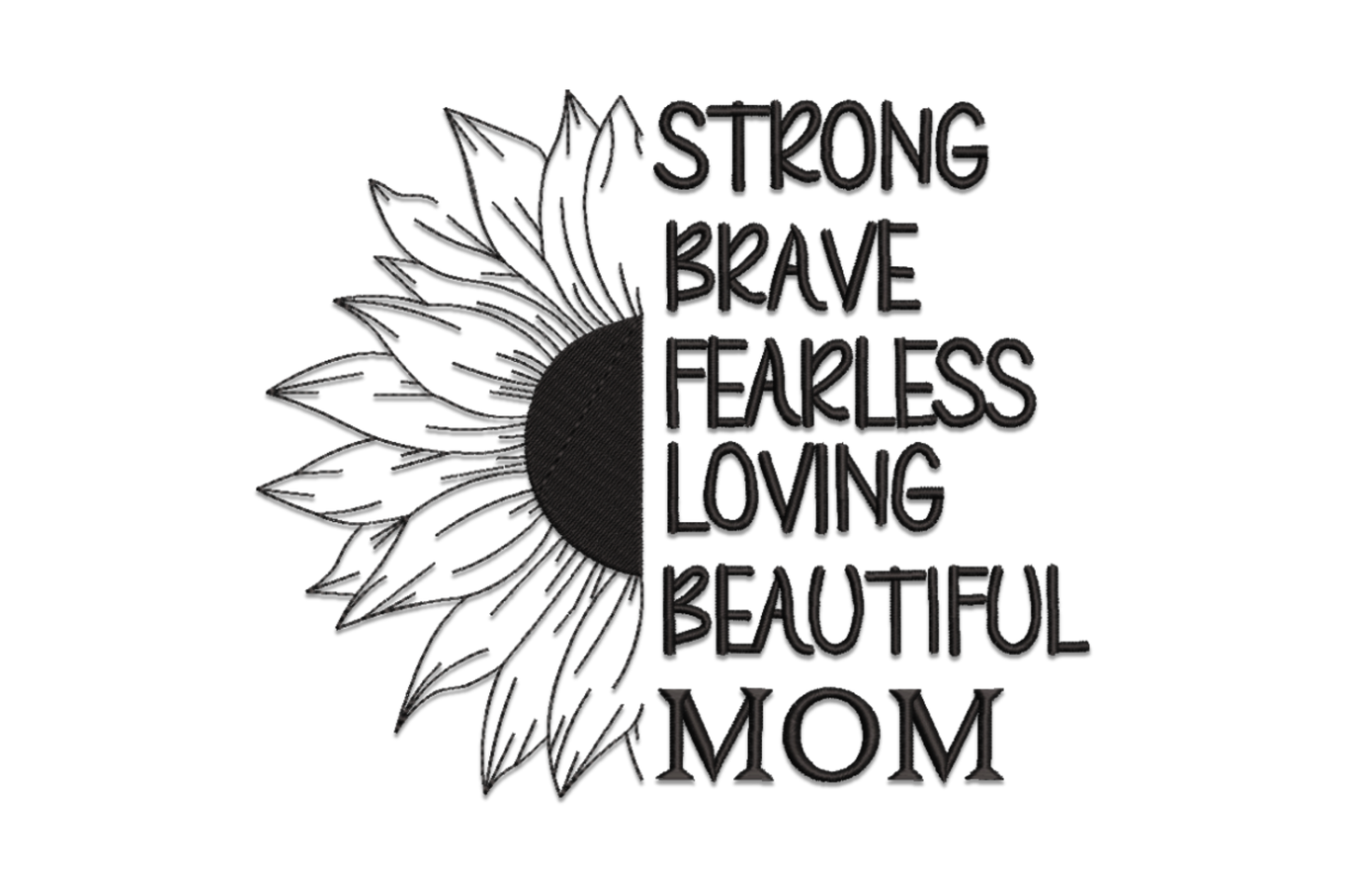 Single-colour sunflower embroidery design with cursive Mother script lettering, satin petal columns on white background.