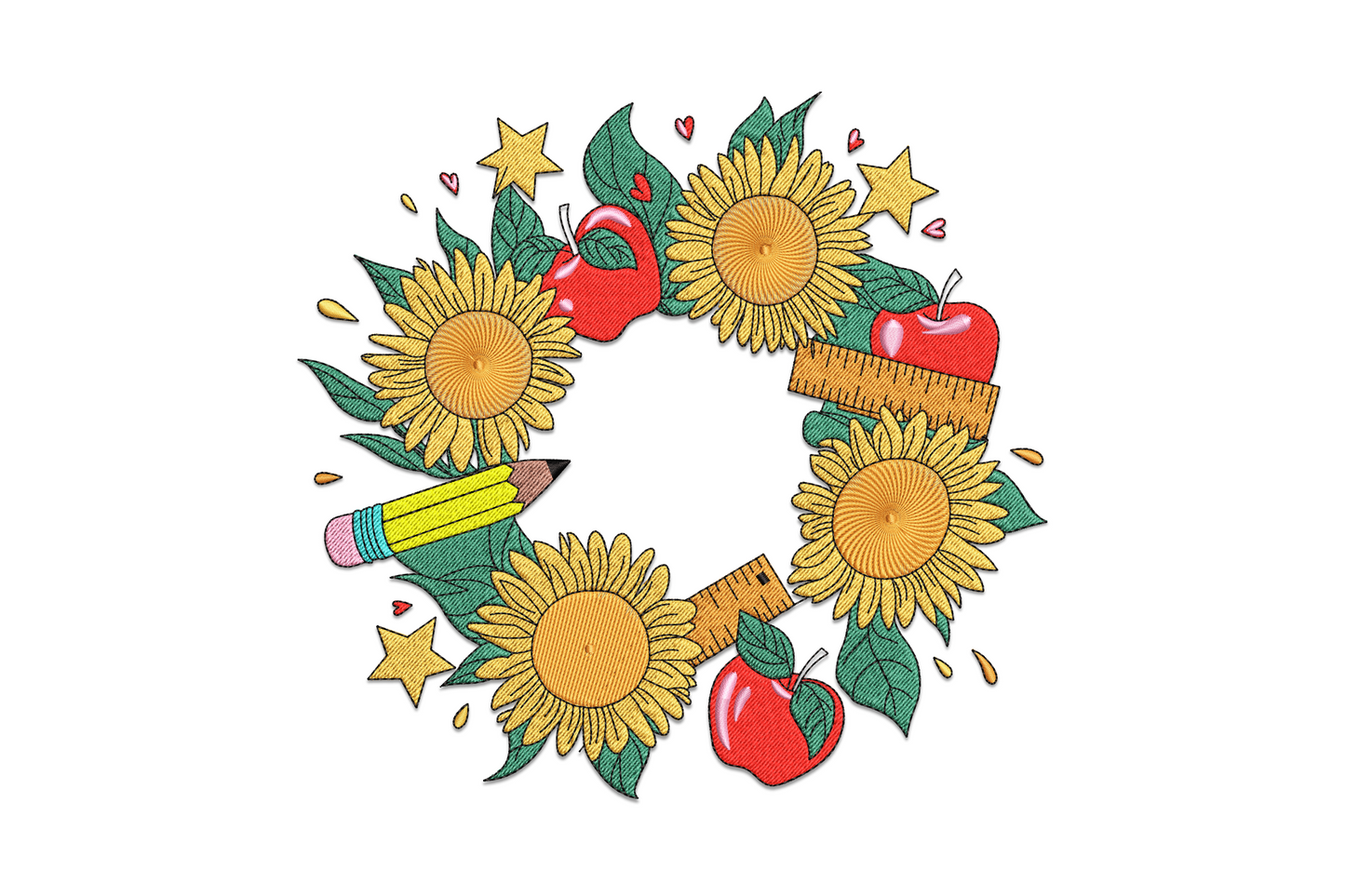 Sunflower teacher wreath embroidery, circular wreath with yellow sunflowers, leaves, and pencil details