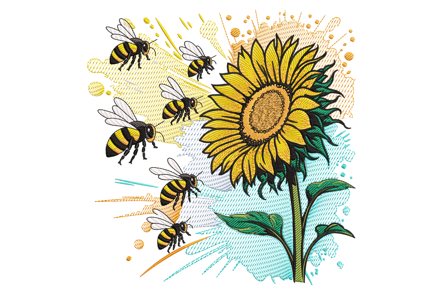 Sunflower with five honey bees flying around it on a teal watercolour splash background, sketchy farmhouse style