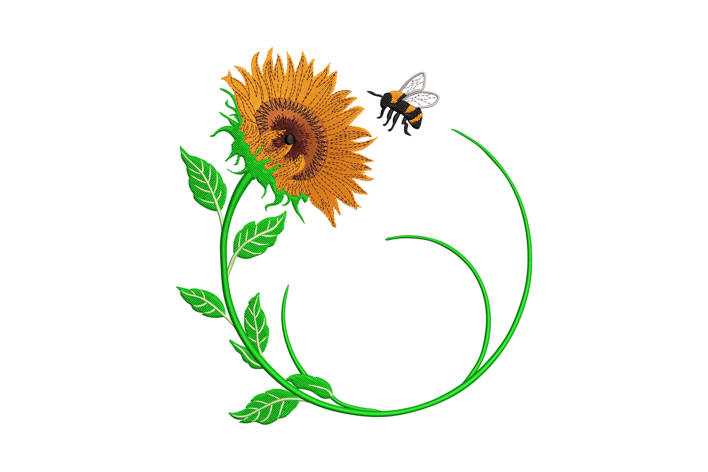 Sunflower with bee embroidery design, orange amber sunflower on curling vine stem with hovering bumblebee, 8 colours on natural background.