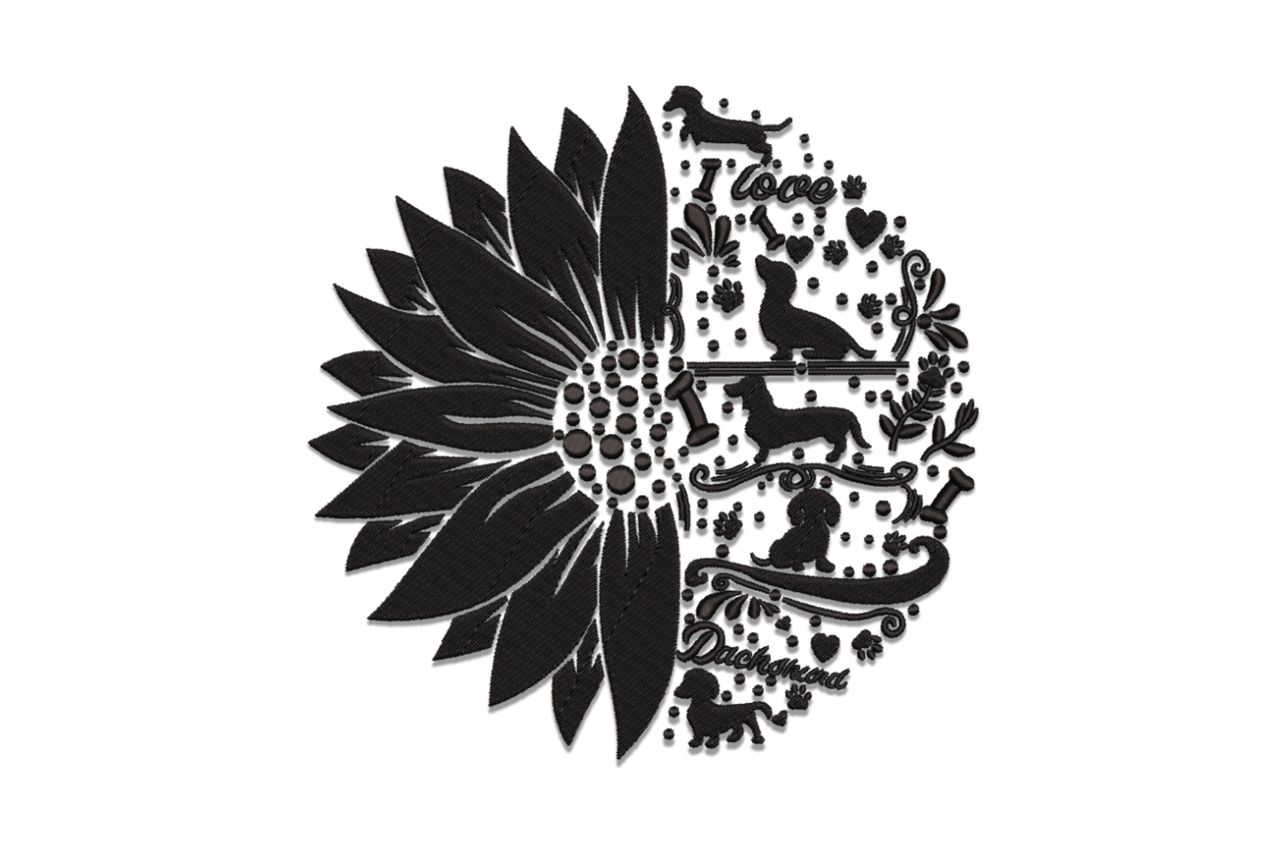 Circular split embroidery design, left half large sunflower with radiating petals, right half dachshund collage with paw prints and I love script, black and white two color design