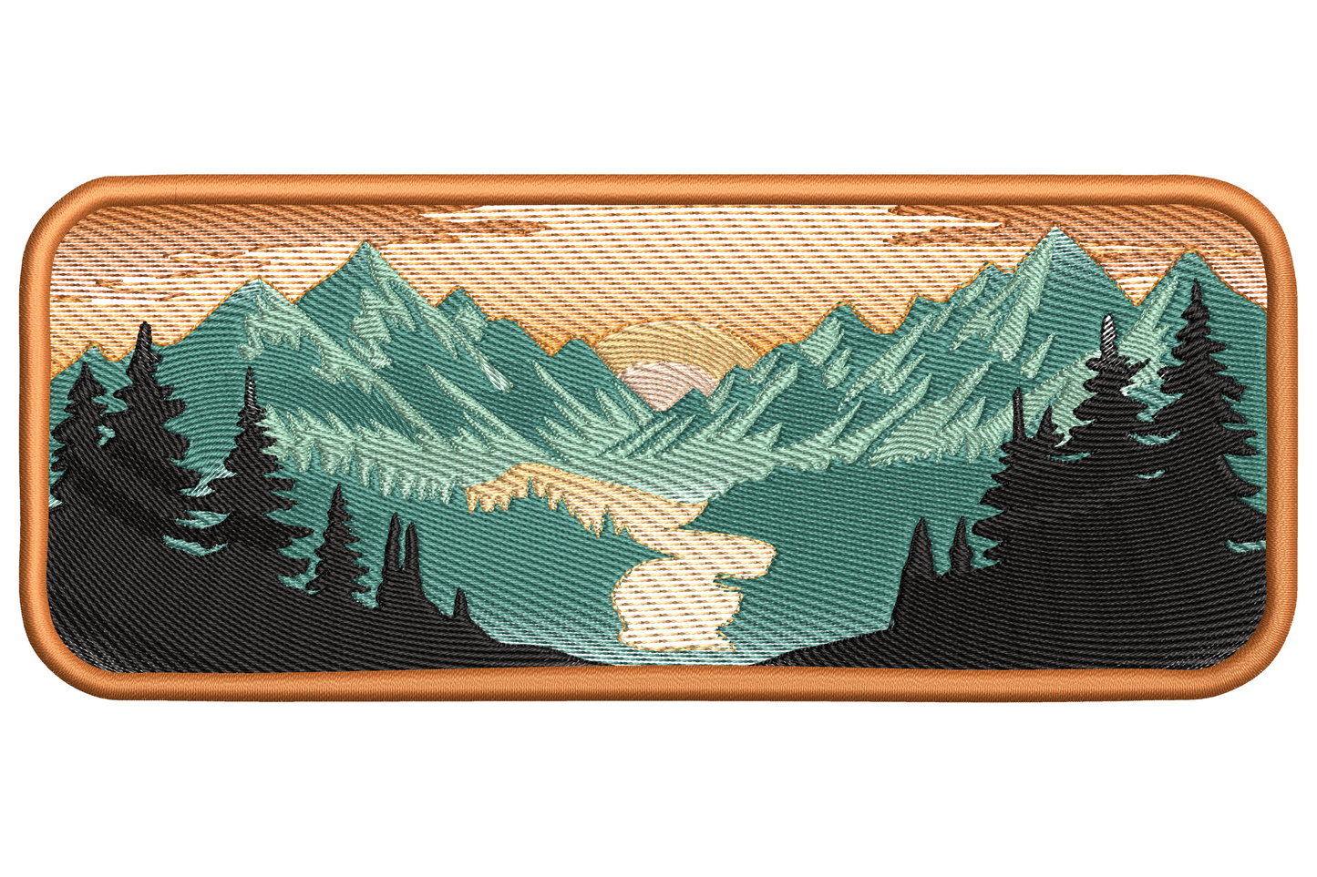 Embroidery patch with rounded corners, teal mountains and an orange setting sun between two peaks, pine silhouettes.