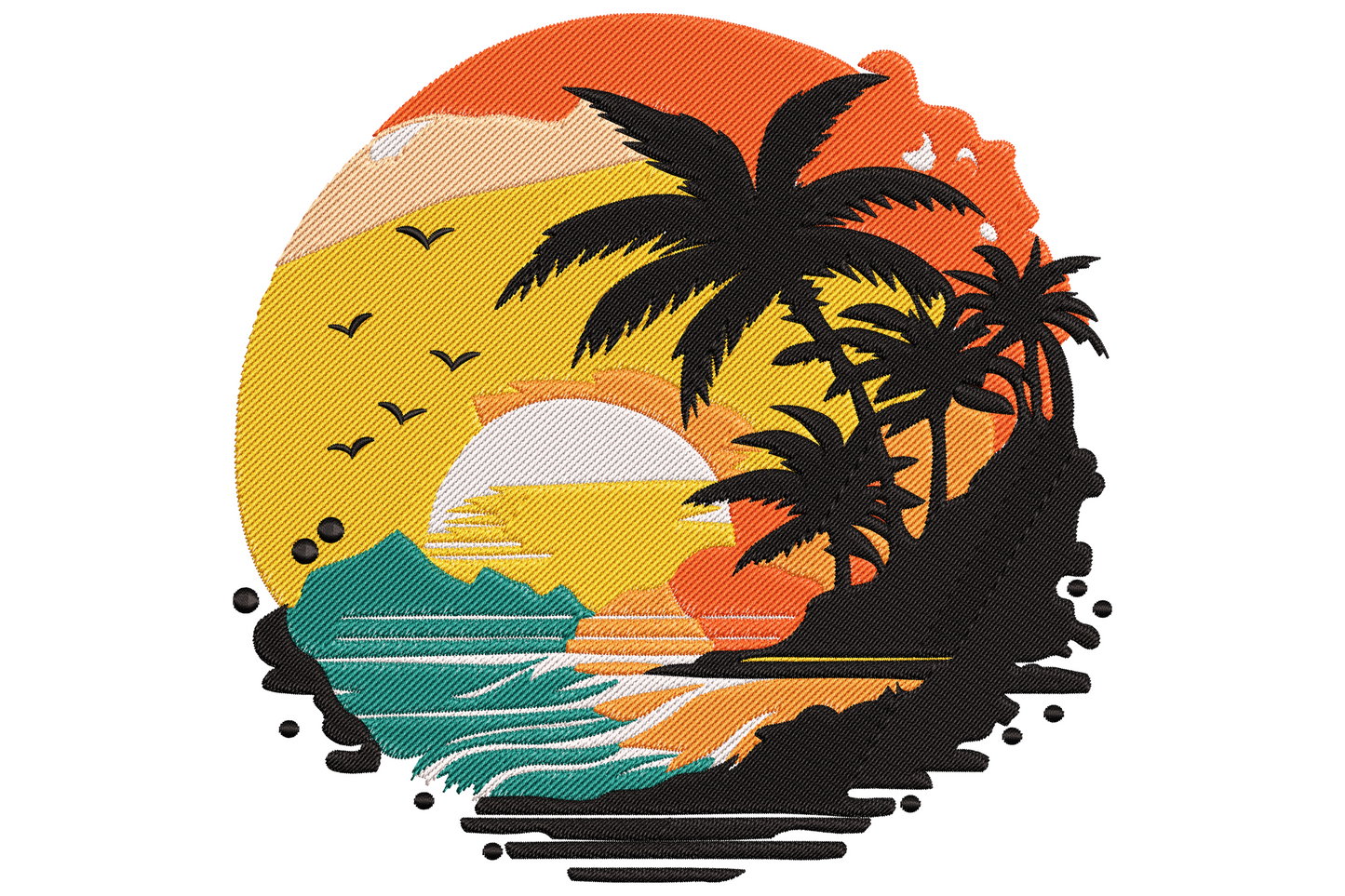 Sunset tropical beach embroidery design with two palm silhouettes, golden sun and orange-pink-purple sky reflected on water.
