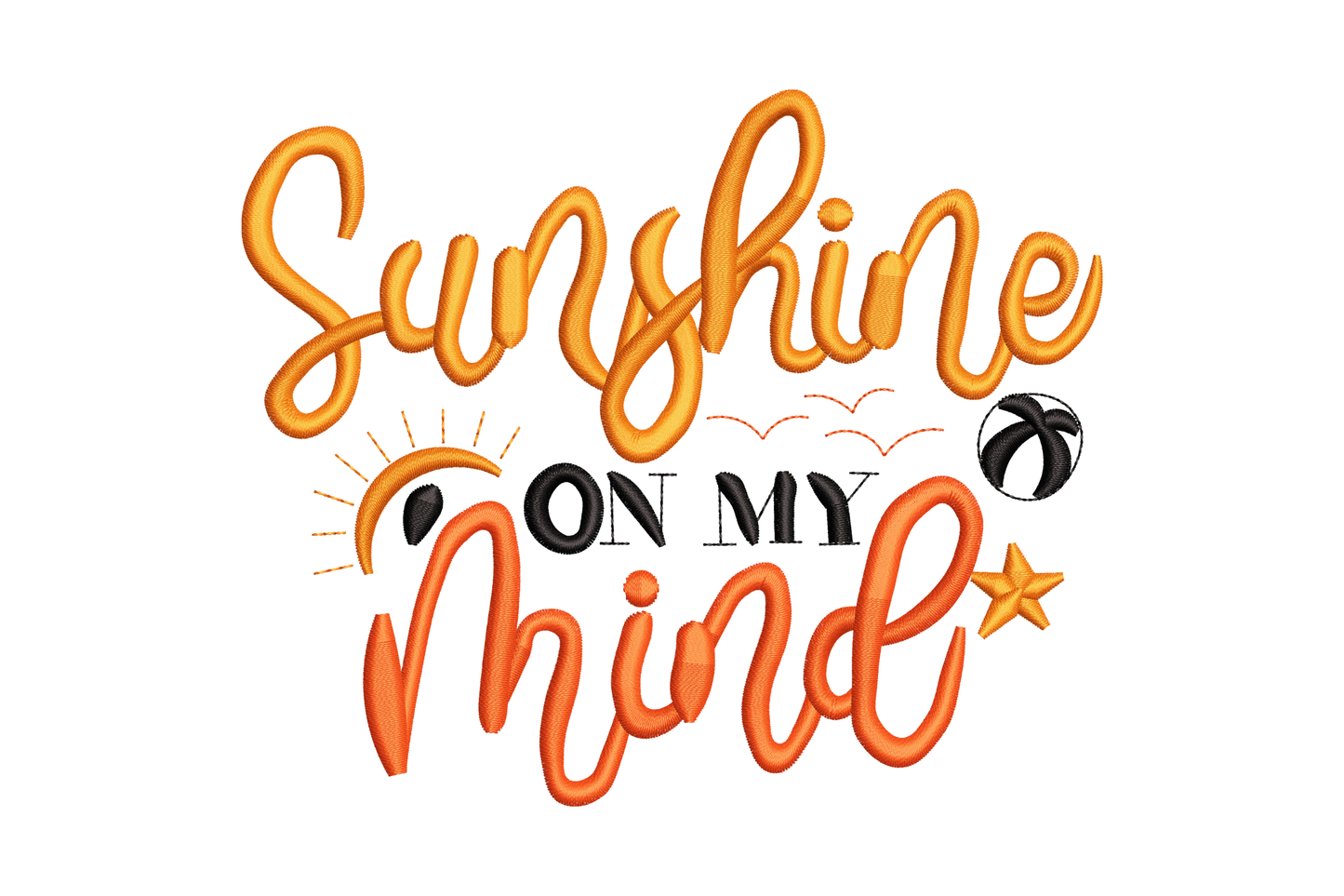 Sunshine On My Mind embroidery with yellow cursive Sunshine, black ON MY caps, red mind, beach ball star and seagull accents