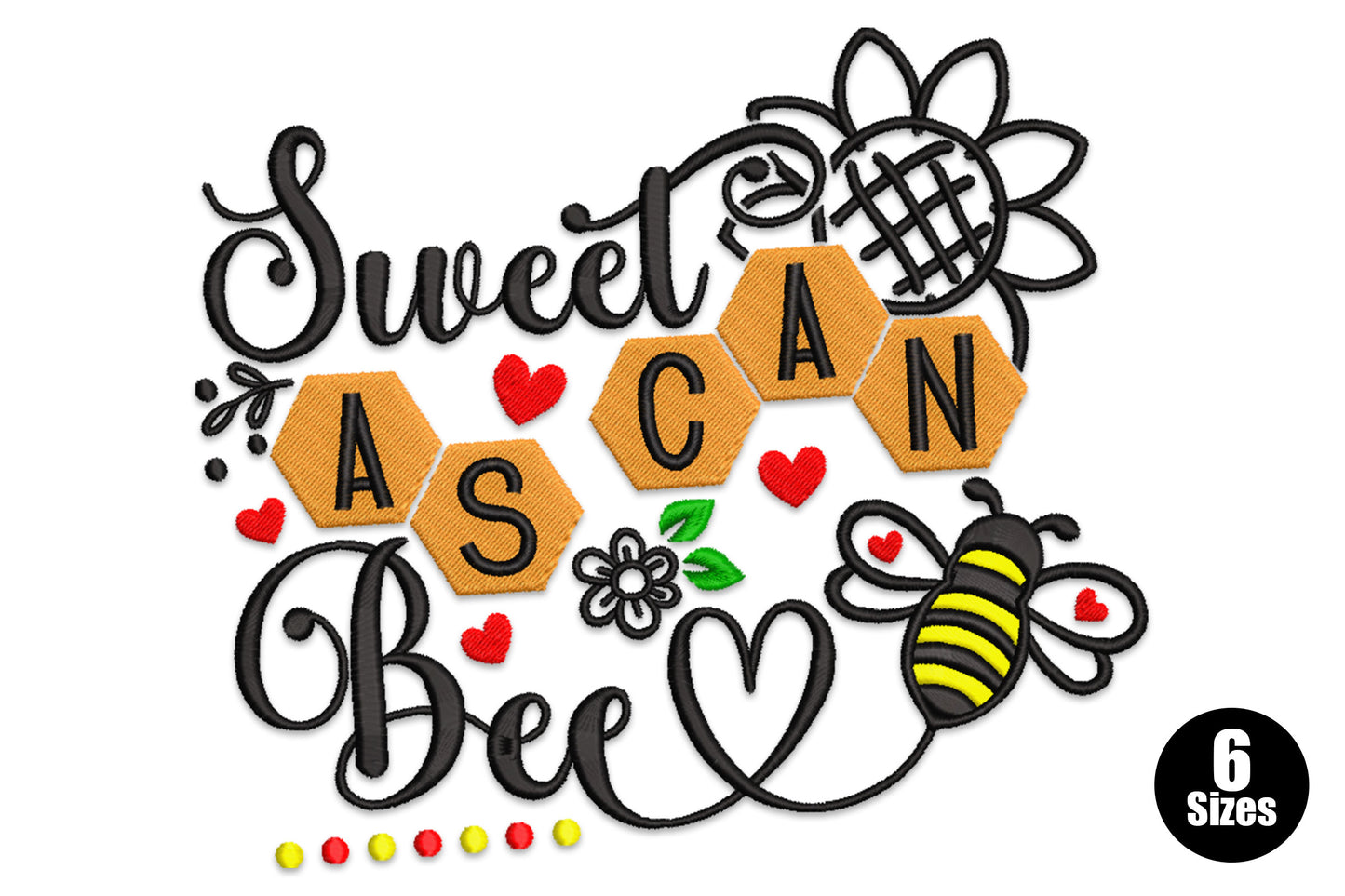 Sweet As Can Bee embroidery design with cursive script, orange honeycomb hex tiles, striped bumblebee, red hearts and daisy accent.