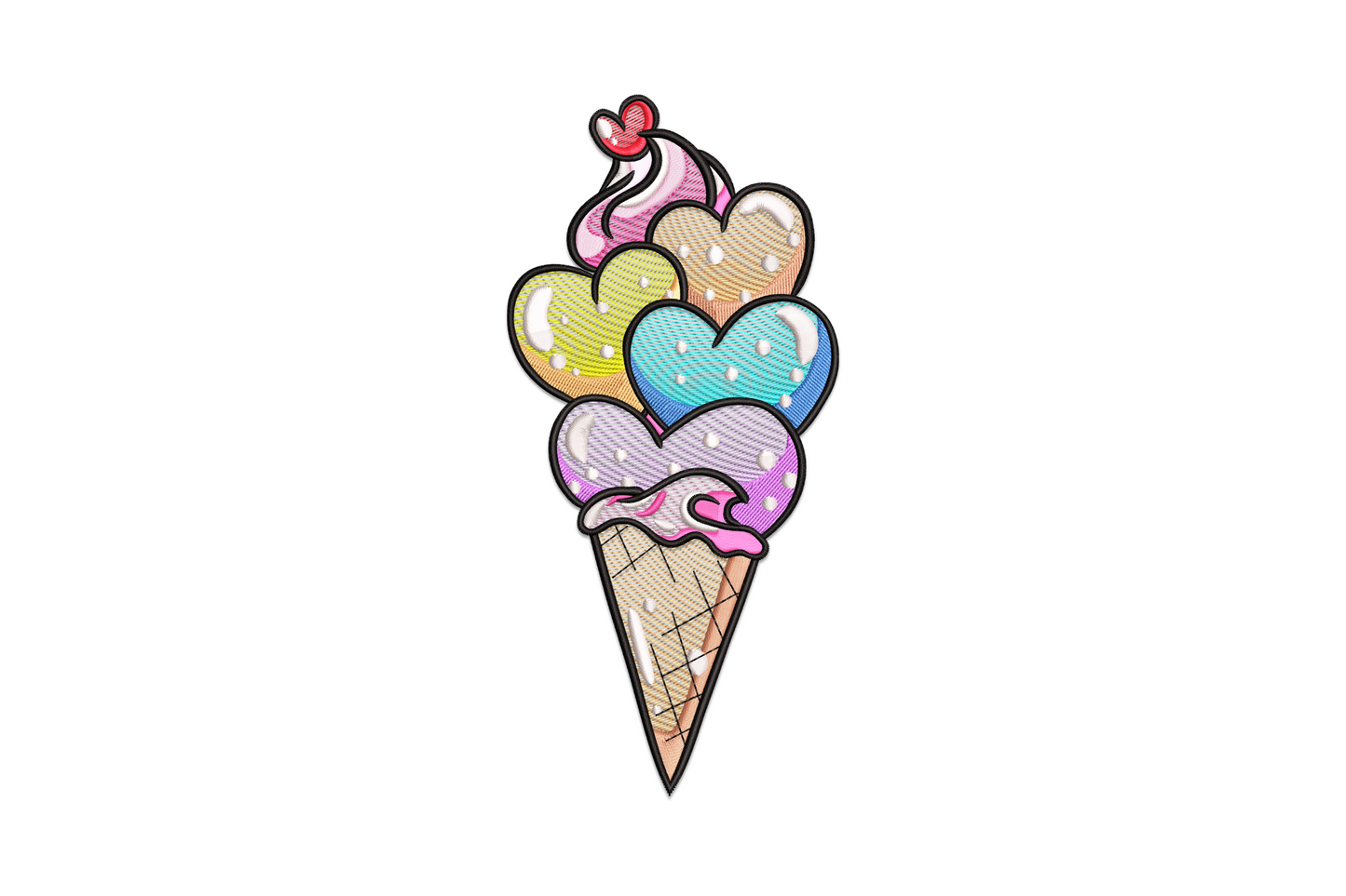 Sweet heart ice cream cone embroidery design with five stacked heart-shaped scoops in 13 rainbow colours and wafer cone.