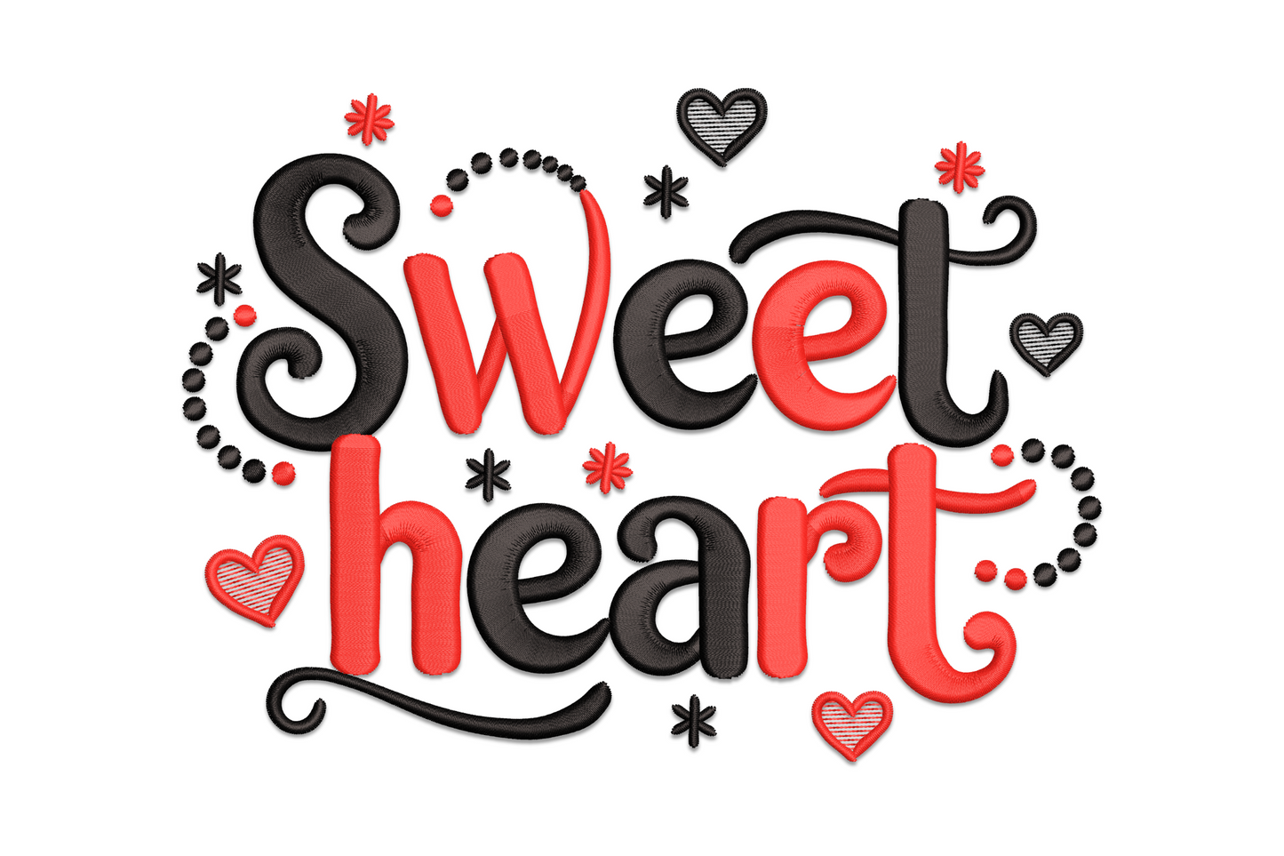 Sweet Love Heart typography valentine embroidery, LOVE letters arranged into a heart silhouette with elegant serif styling in 2 colours