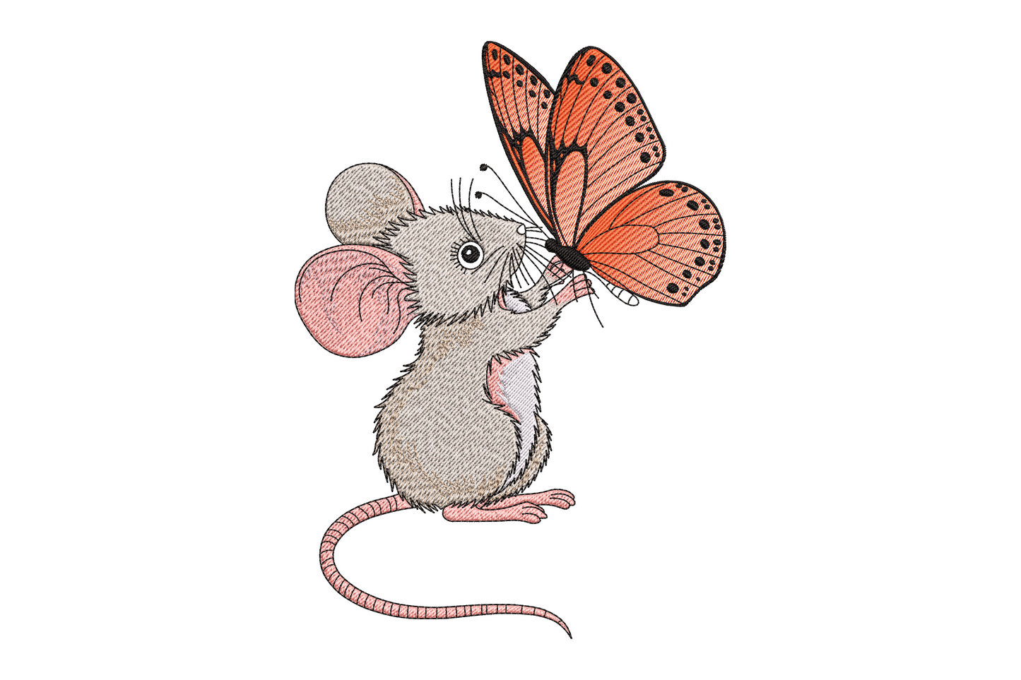 Sweet mouse embroidery design, grey fur-textured mouse standing upright holding a vivid orange monarch butterfly by the wing.