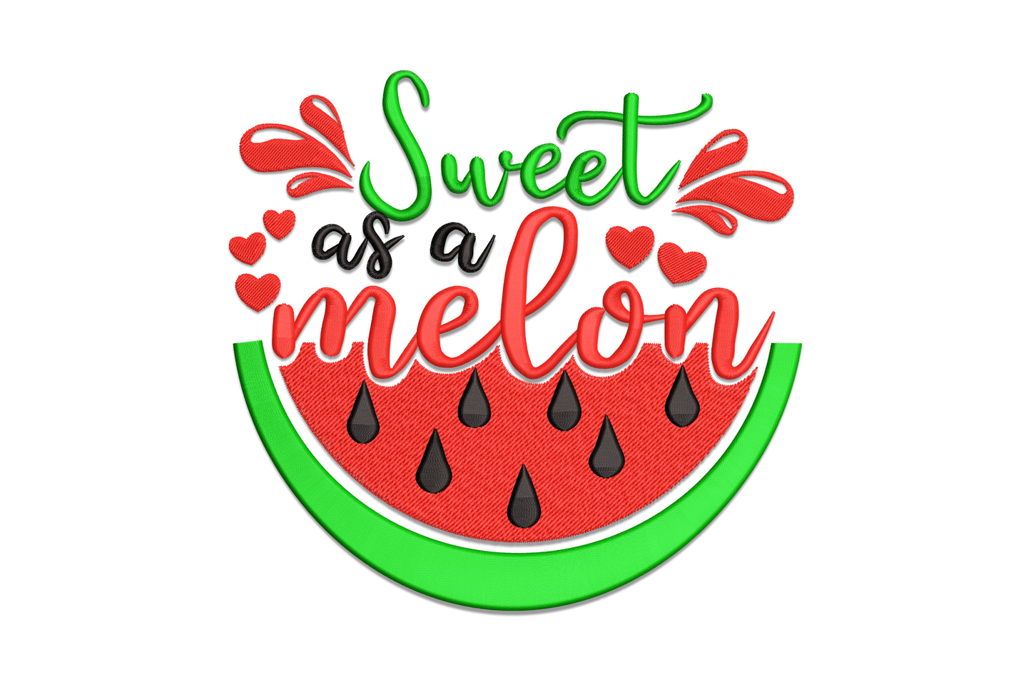 Sweet as a melon watermelon quote embroidery with red flesh, dark green rind, black seeds and mixed script lettering, 3-colour summer design.