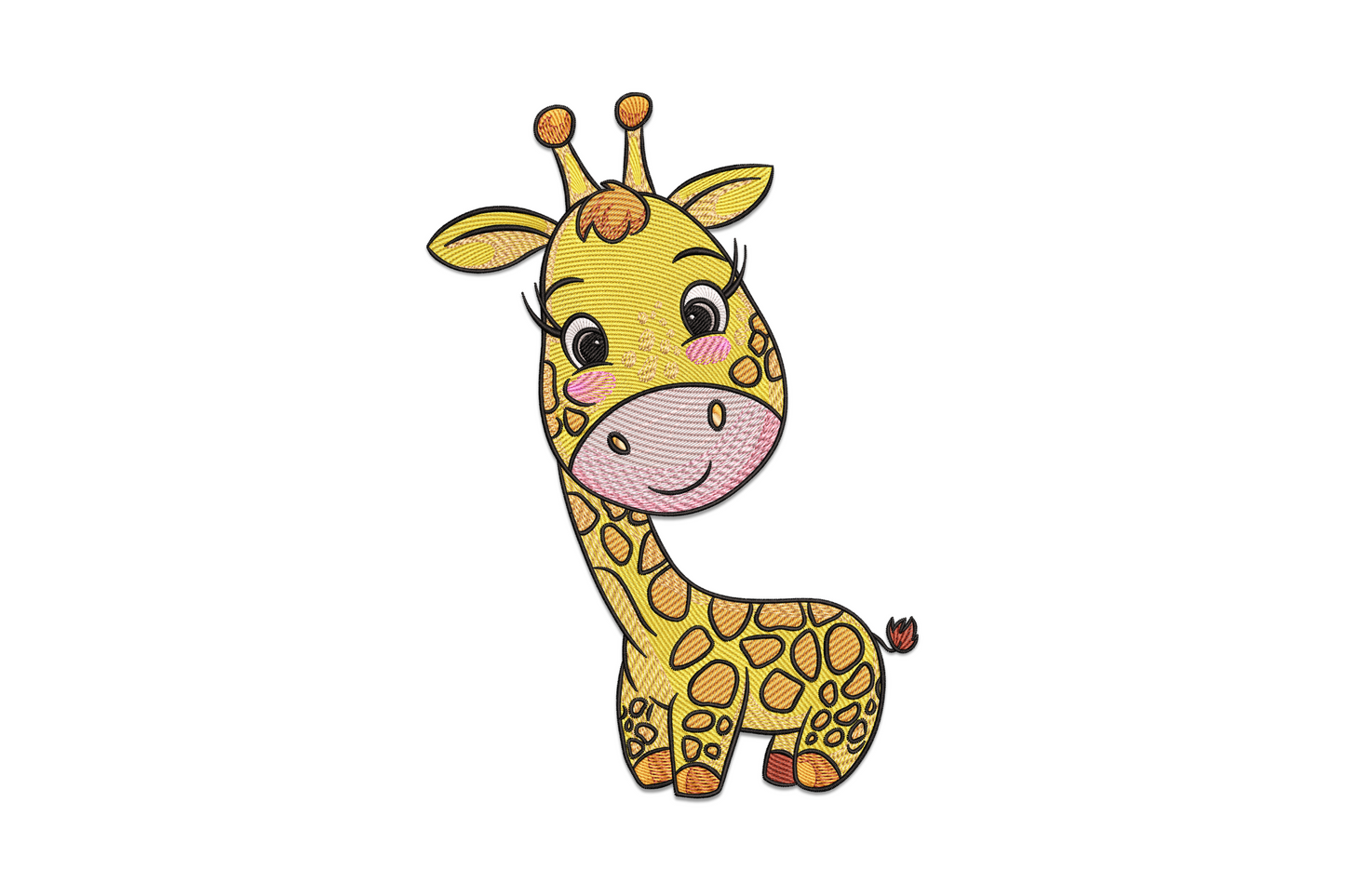 Sweet baby giraffe embroidery design showing a cartoon sitting giraffe with daisy-yellow body, orange spots, and a pink muzzle on a white ground.