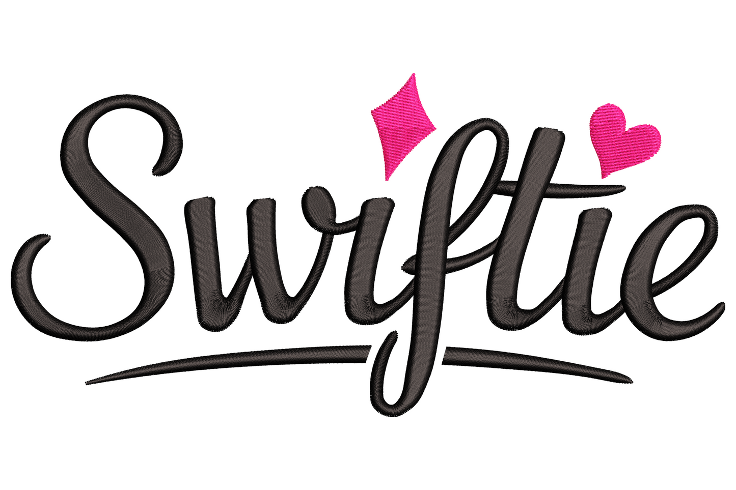 Swiftie embroidery design in bold black cursive script with hot pink diamond star and heart accents, 9 sizes, 2 colours.
