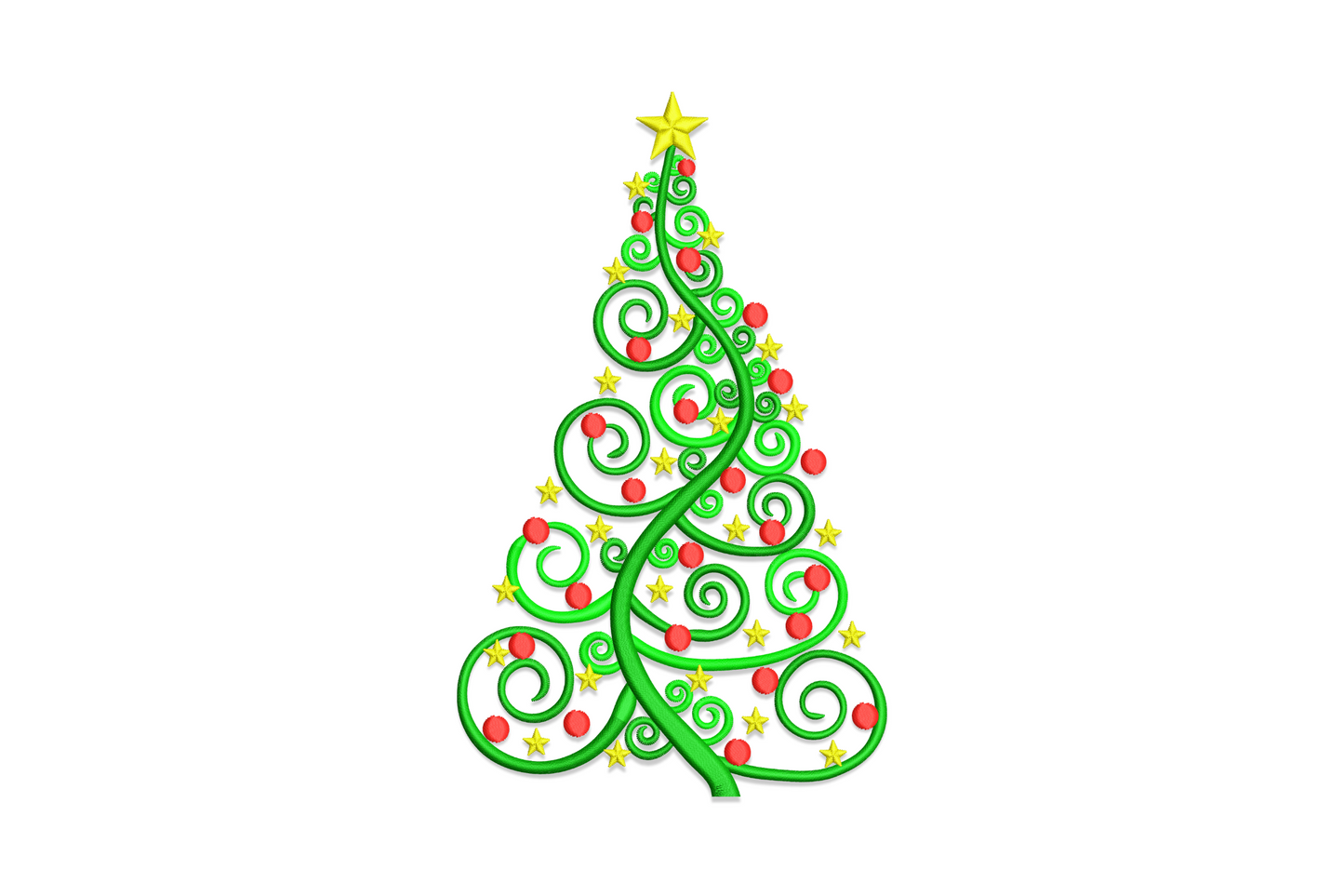 Swirl christmas tree embroidery design of looping green spirals with yellow star top, red bauble dots and brown trunk.