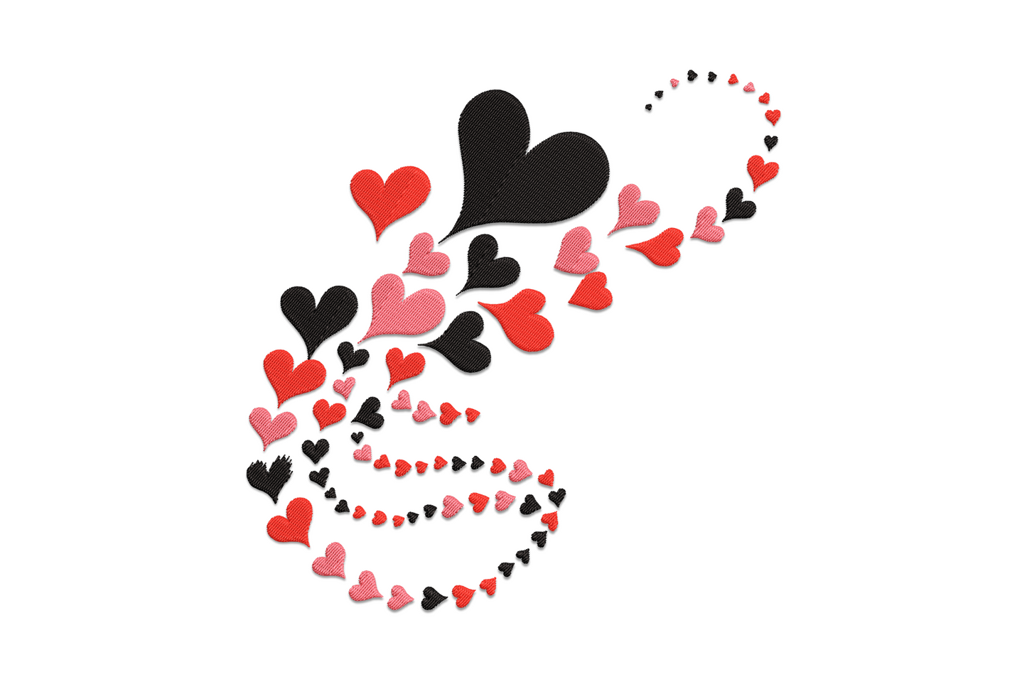 Swirl hearts valentine embroidery design with red, blush pink and black hearts spiralling in a flowing graduated curl, 5 sizes.