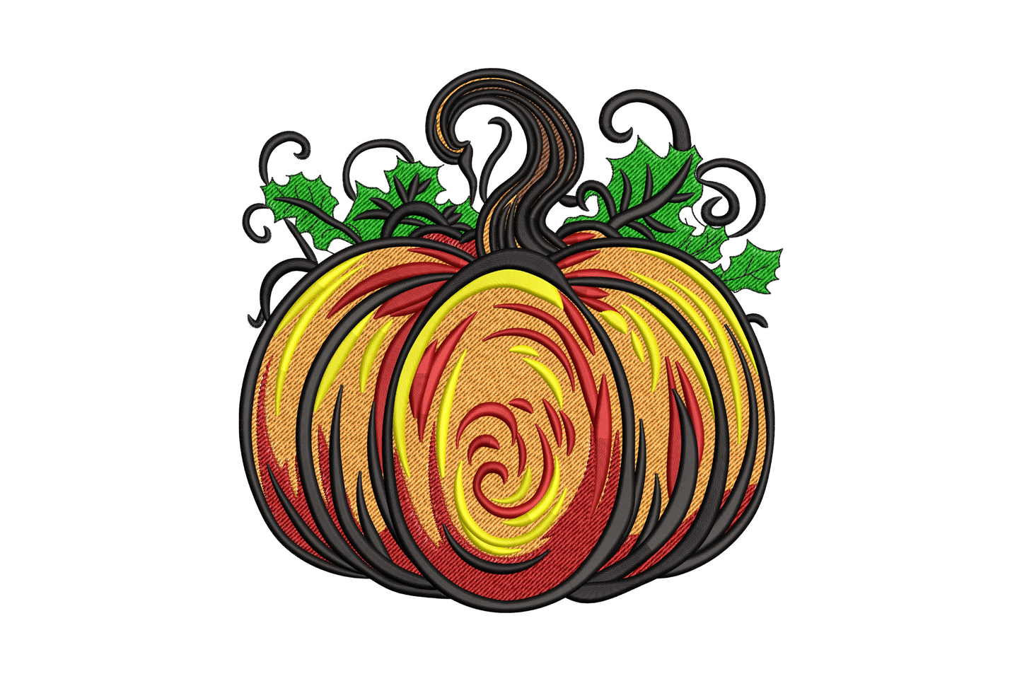 Fall pumpkin embroidery with inner swirl, orange red yellow fill, black ridges, curling stem and green leaves