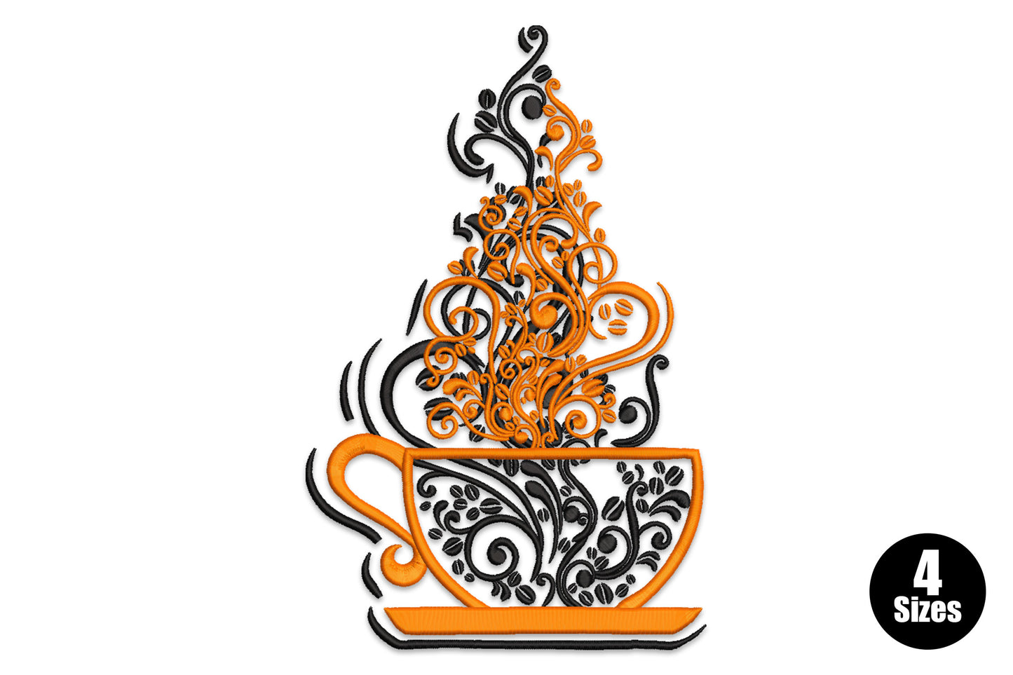 Ornate swirling coffee cup embroidery with arabesque floral fill and steam in black and orange.