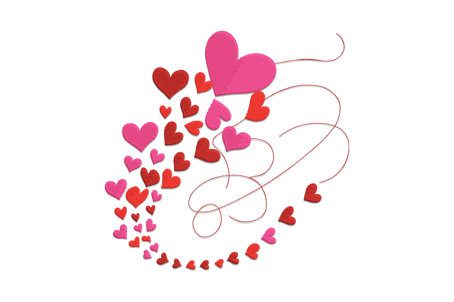 Swirling valentine hearts trail embroidery, cascade of red and pink hearts on curling vine lines, 3 colours, 5 sizes