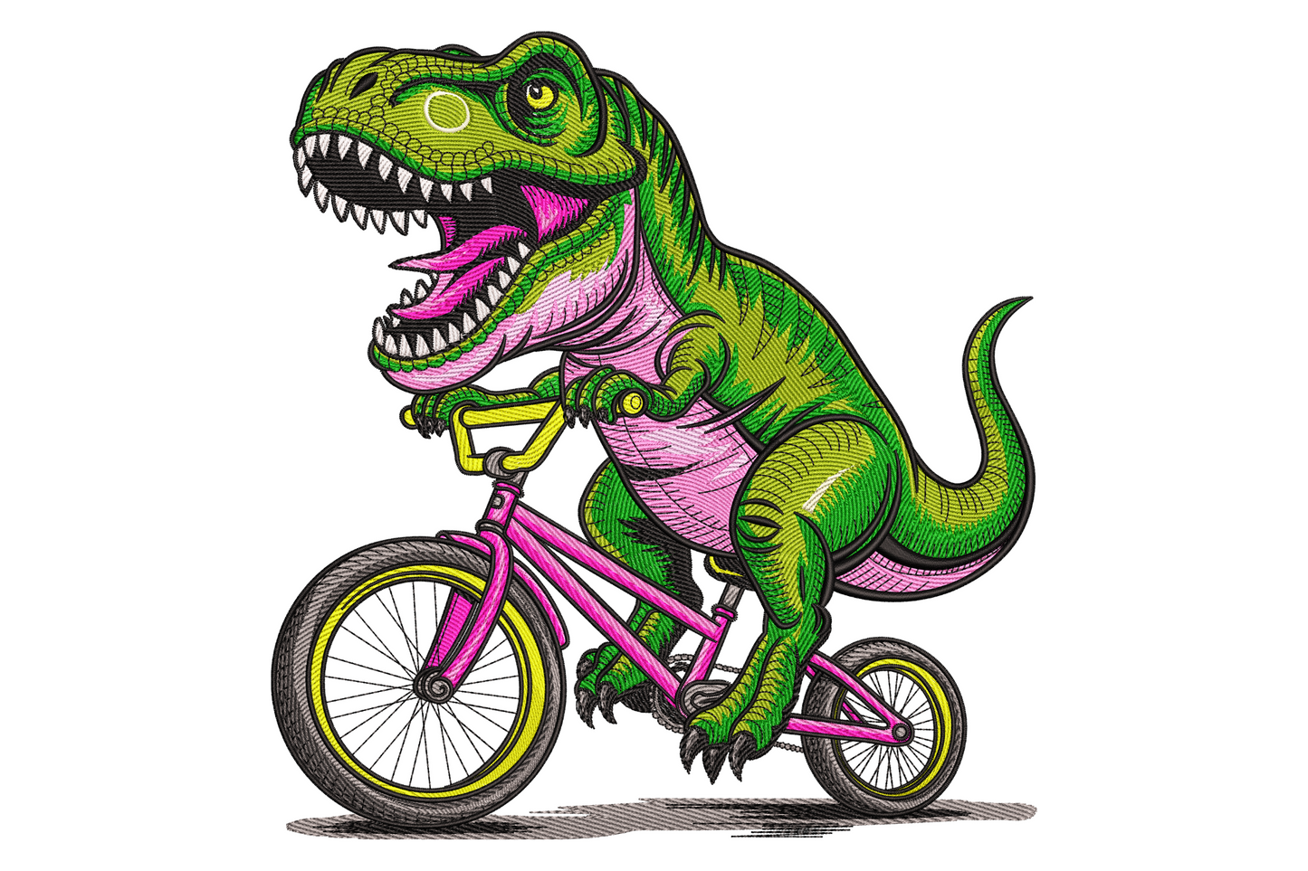 T-Rex riding bicycle embroidery, green dinosaur on a pink bike with yellow wheels, open roaring mouth and tiny arms.