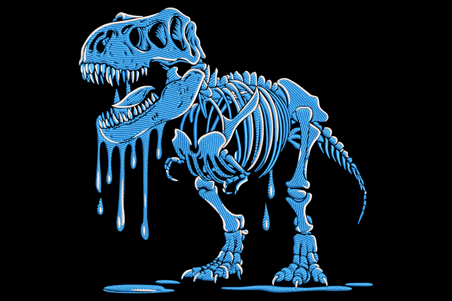 T-rex skeleton embroidery design in side profile with white bones and paint drips running down from the ribcage
