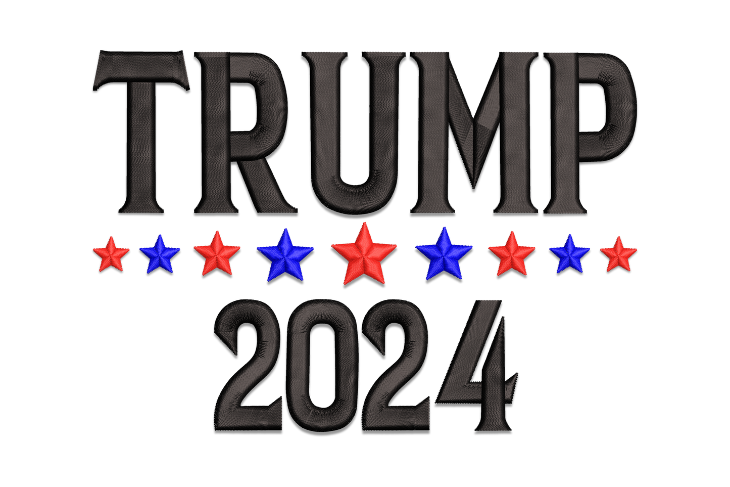 TRUMP 2024 embroidery design, bold block text in red white and navy, stacked layout, 5 sizes, patriotic Americana