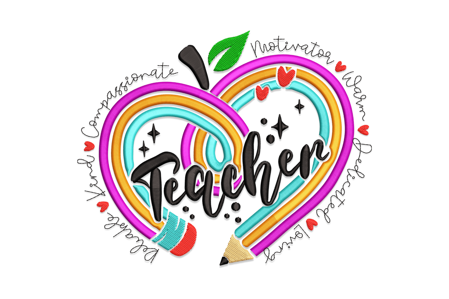 Teacher embroidery design, apple-heart in hot pink teal and gold arcs, pencil at base, bold black script Teacher inside.