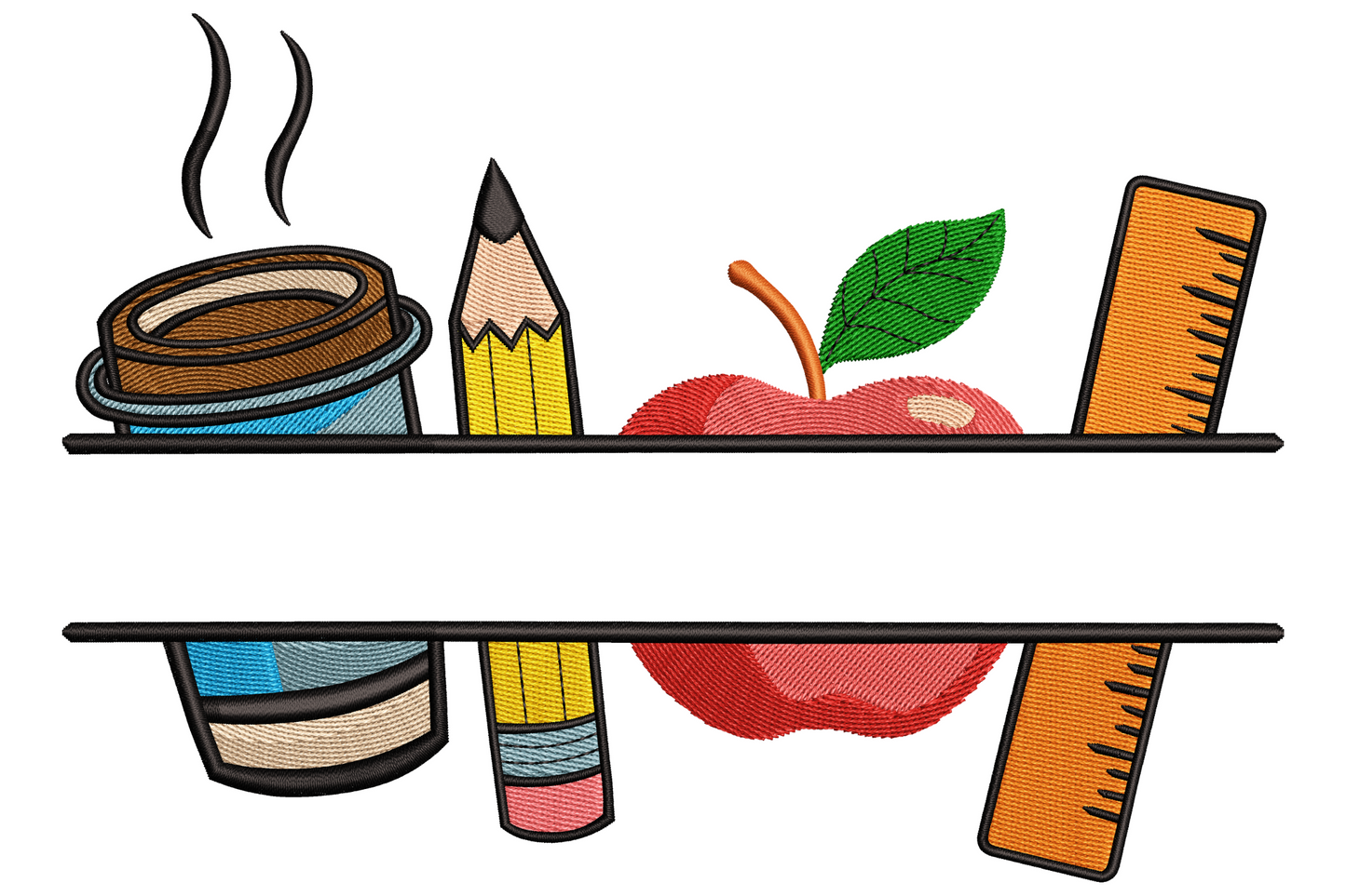 Teacher border frame embroidery design with split black banner bars for a name and coffee cup pencil red apple ruler icons.