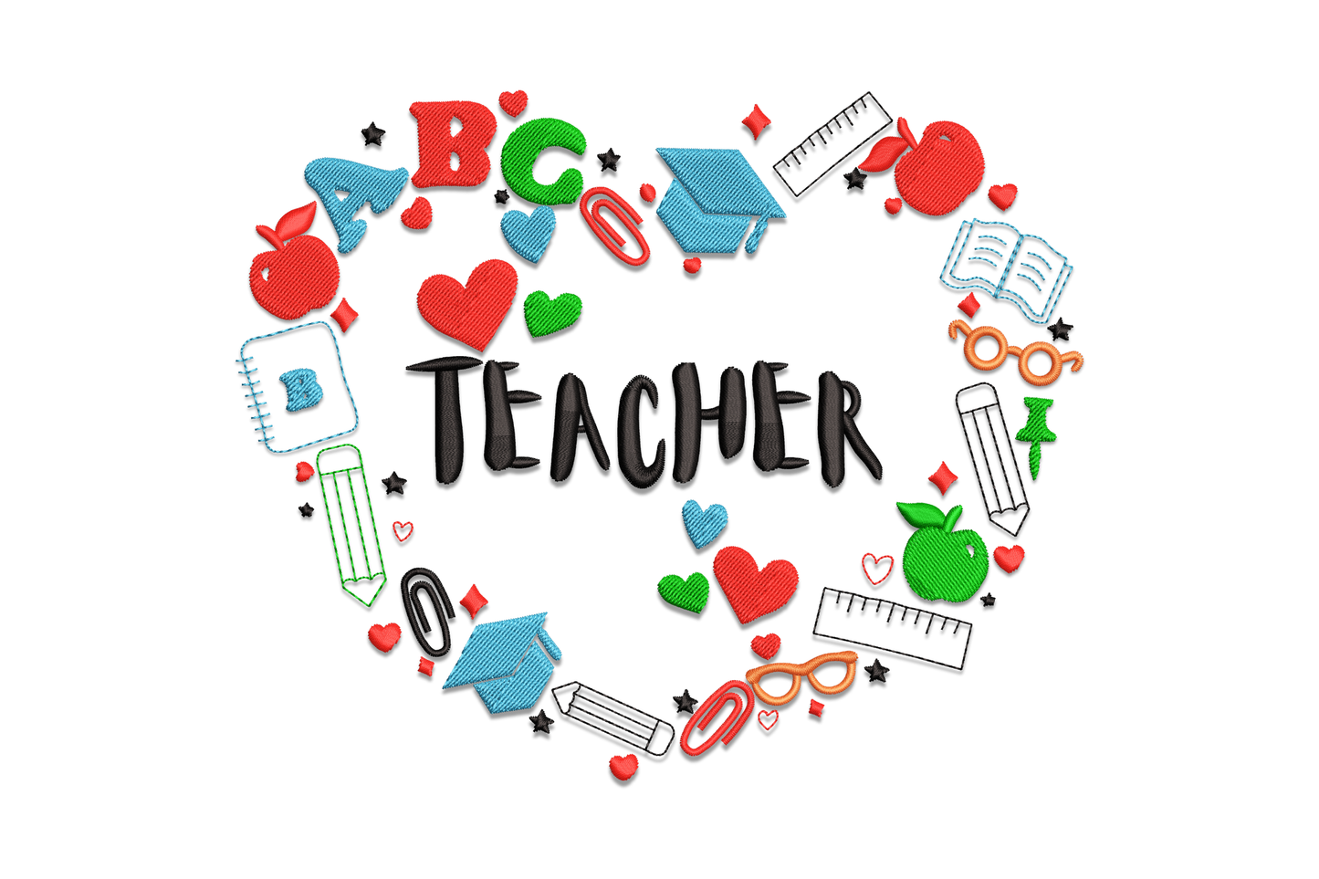 Machine embroidery of a heart shape filled with teacher icons including ABC letters, apples, pencils, graduation cap and TEACHER text in centre
