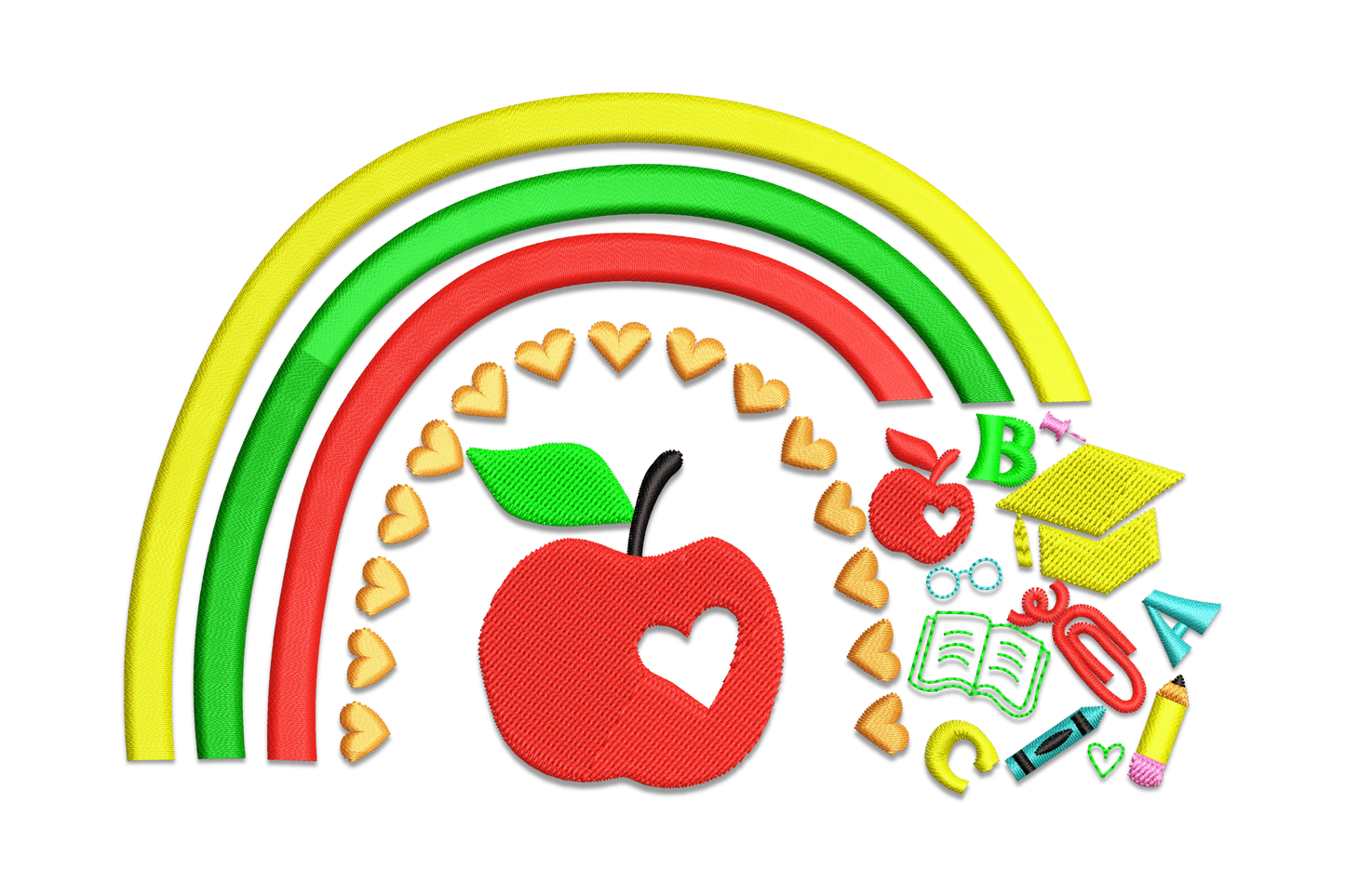 Teacher rainbow apple heart embroidery with a white heart cutout on a red apple inside a yellow, green and red rainbow arch, orange mini-heart border.