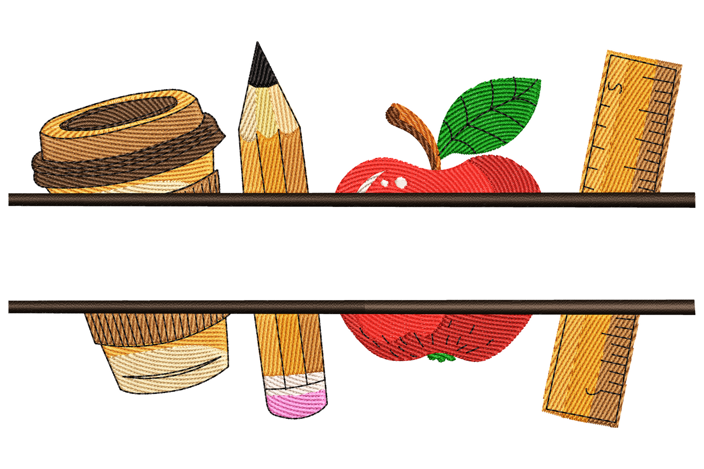 Teacher supplies frame embroidery design with pencils, rulers, scissors, apples and books arranged as a colourful border, 17 colours.