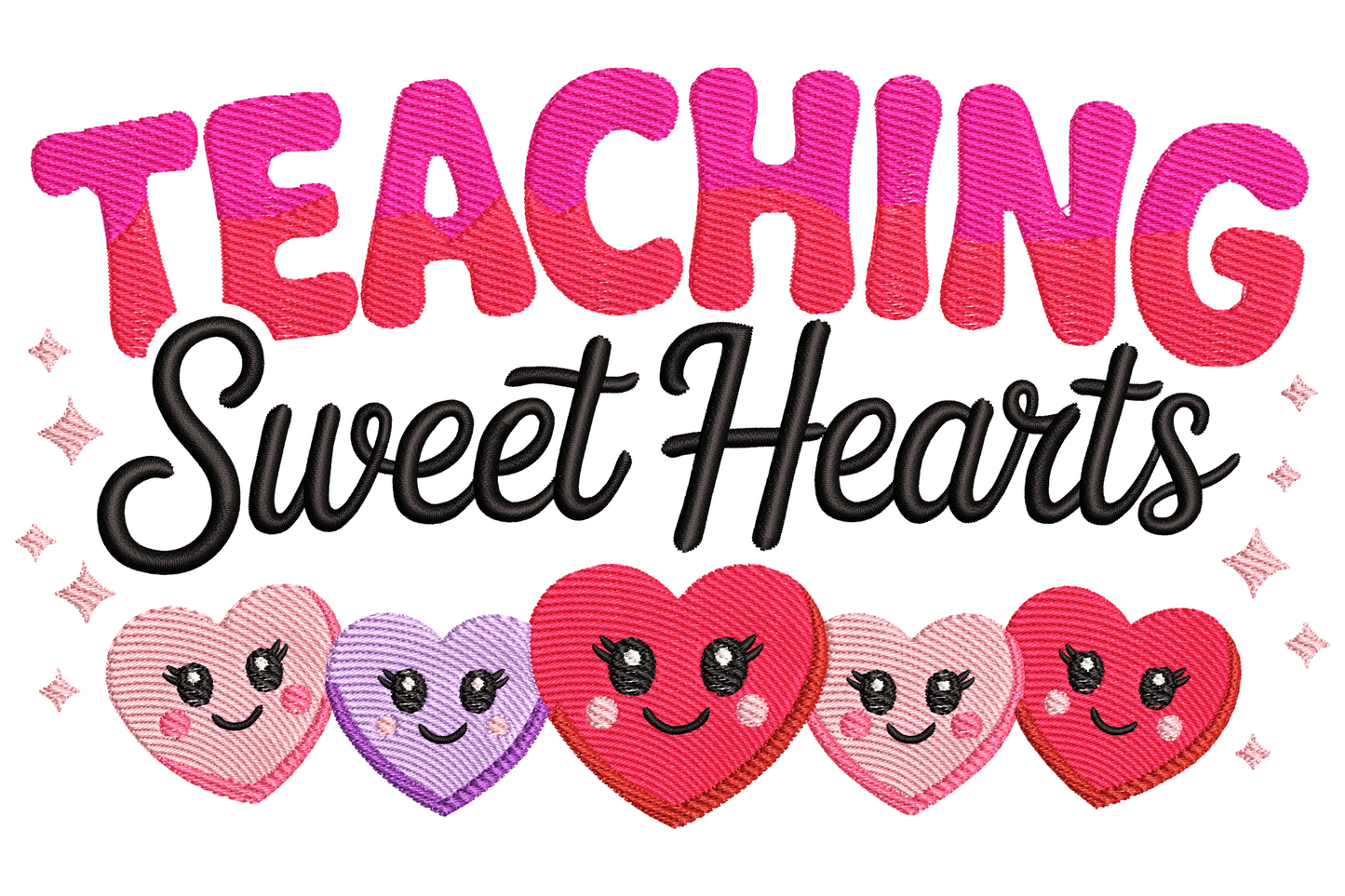 Machine embroidery design with stacked lettering reading Teaching Sweet Hearts with hearts and school accents in nine colours