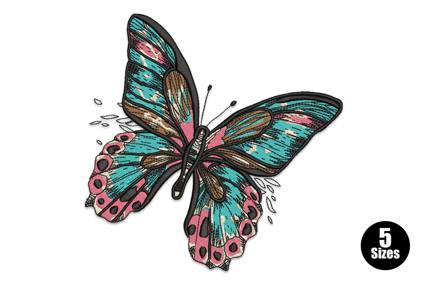 Teal and pink swallowtail butterfly embroidery design with spread wings, hot pink mid-wing bands, eye spots on lower wings and warm brown body detail.