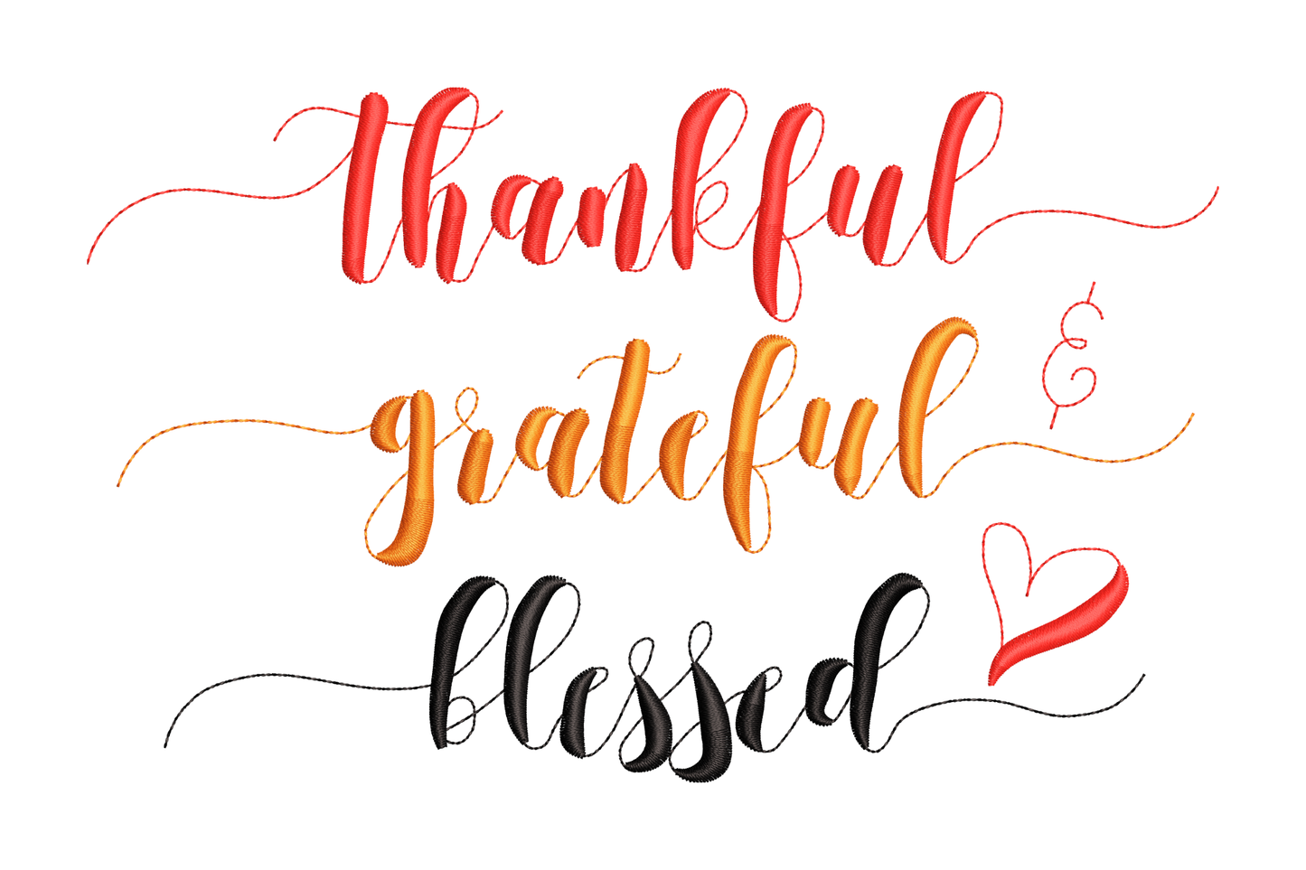 Stacked thanksgiving phrase thankful grateful blessed in three lines, top and bottom modern serif, middle cursive script, three warm autumn colours run-stitch style.