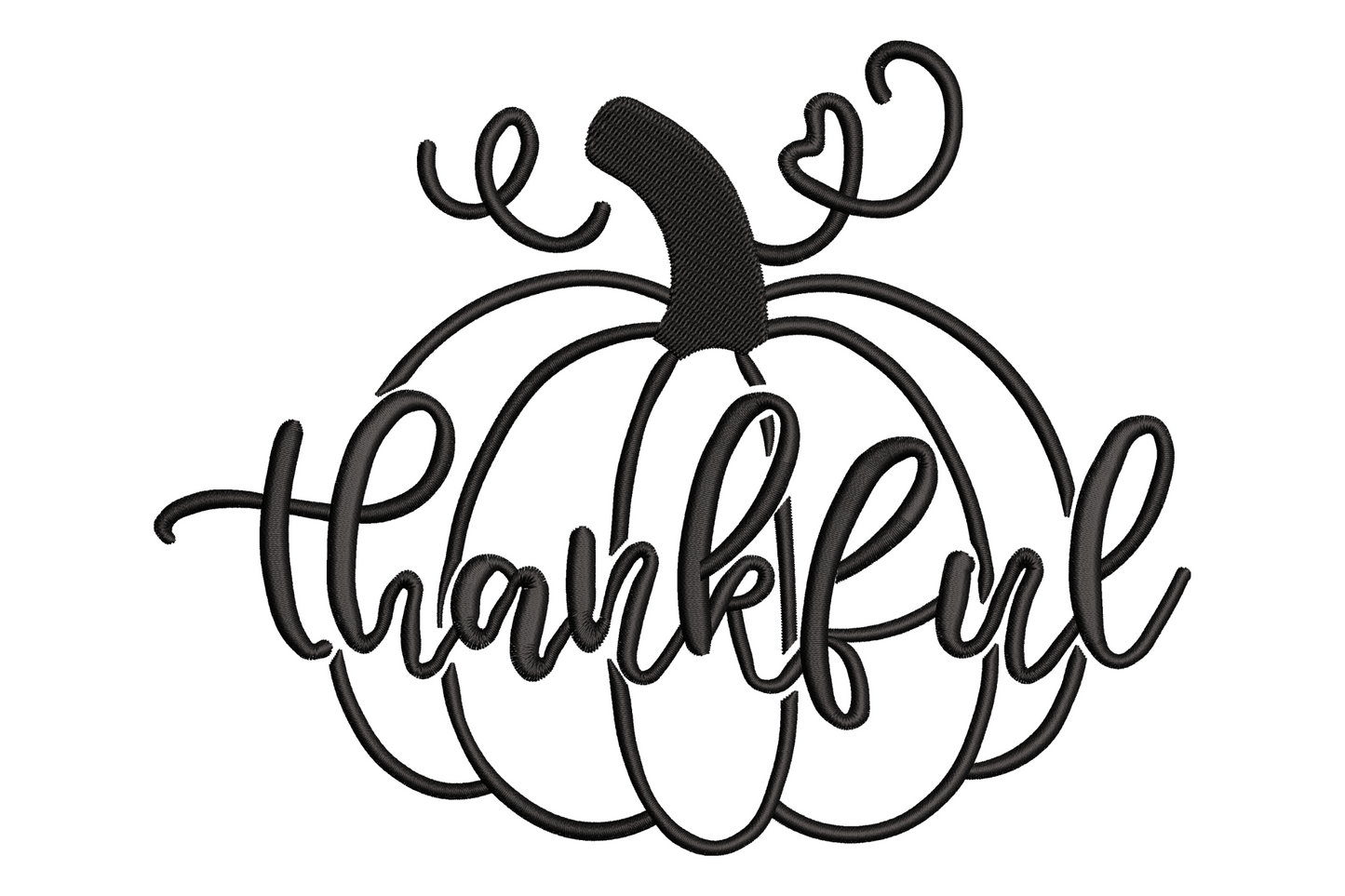 Thankful script lettering with a pumpkin illustration, single thread fall embroidery design for thanksgiving, shown on cream fabric background, 5 sizes from 2.76 to 5.9 inches wide