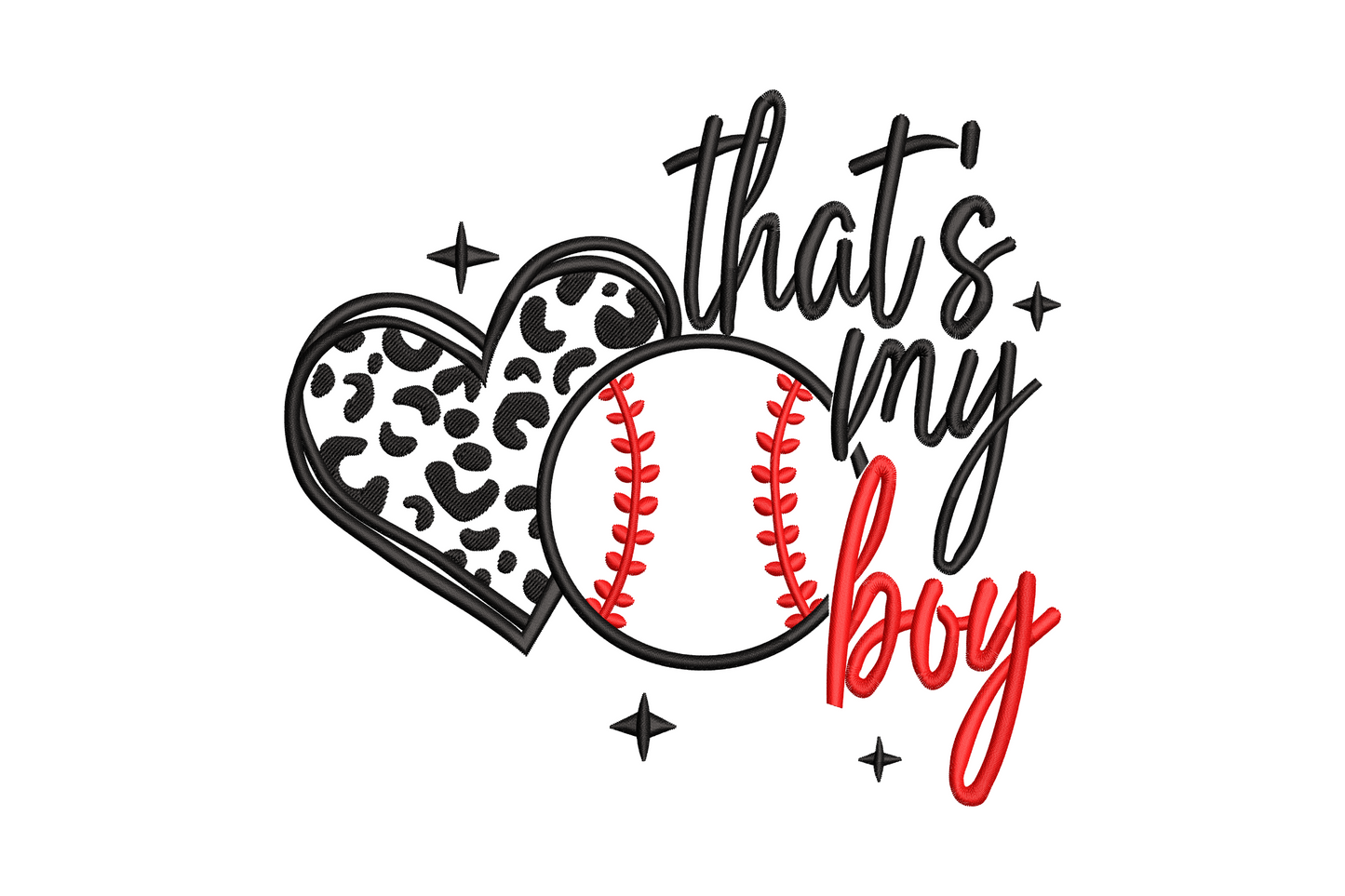 Thats My Boy baseball heart embroidery with script text arched over a stitched baseball and heart shape, two colour sports mom design
