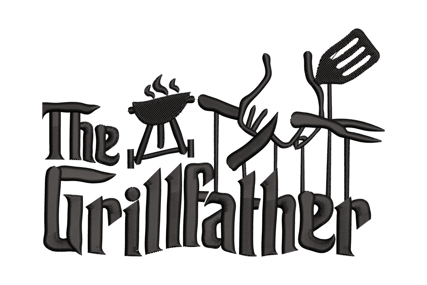 The Grillfather BBQ typography embroidery design with flowing script and crimson rose stem motif on navy polo fabric.
